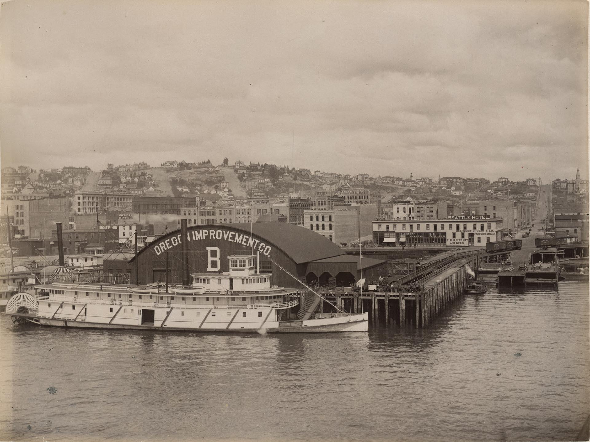 Image of Steamship moored at Oregon Improvement Company Dock B, Seattle waterfront, circa 1890