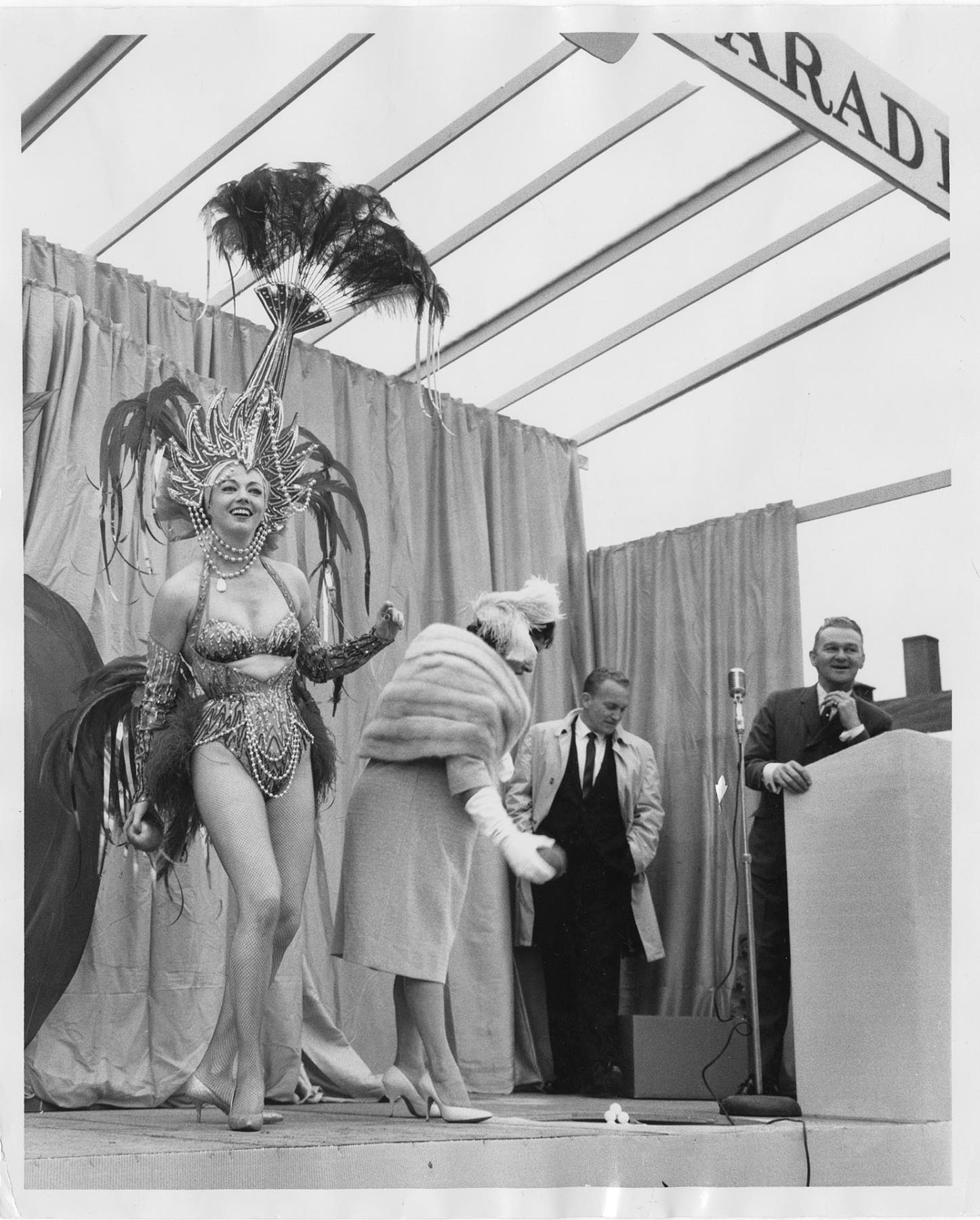 Image of Donna Rydberg in costume on stage with John Eaton and Gracie Hansen, 1961