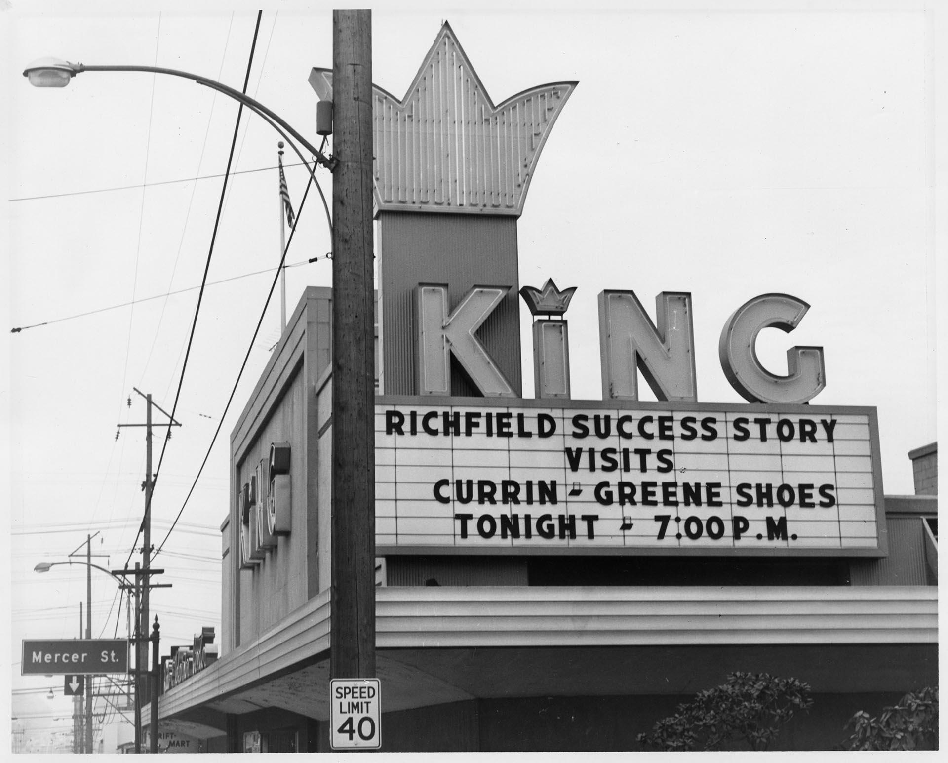 Image of KING TV marquee promoting Richfield Success Story featuring Currin-Greene Shoe Company, 1959