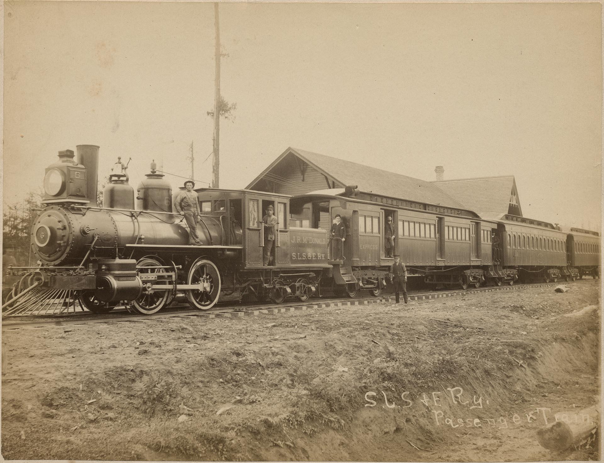 Image of Seattle, Lake Shore & Eastern Railway train at Issaquah depot, circa 1890