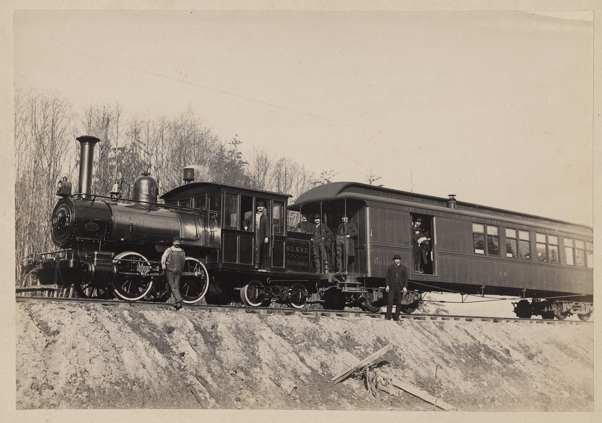 Image of Seattle, Lake Shore & Eastern Railway locomotive and passenger car, Seattle, circa 1890
