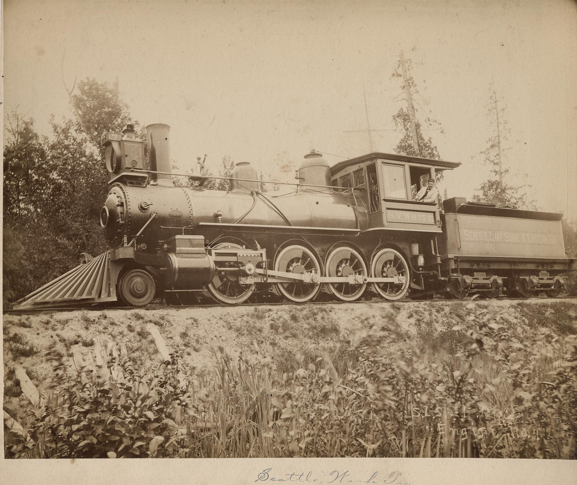 Image of Seattle, Lake Shore & Eastern locomotive S.V. White at Interbay yard, circa 1890