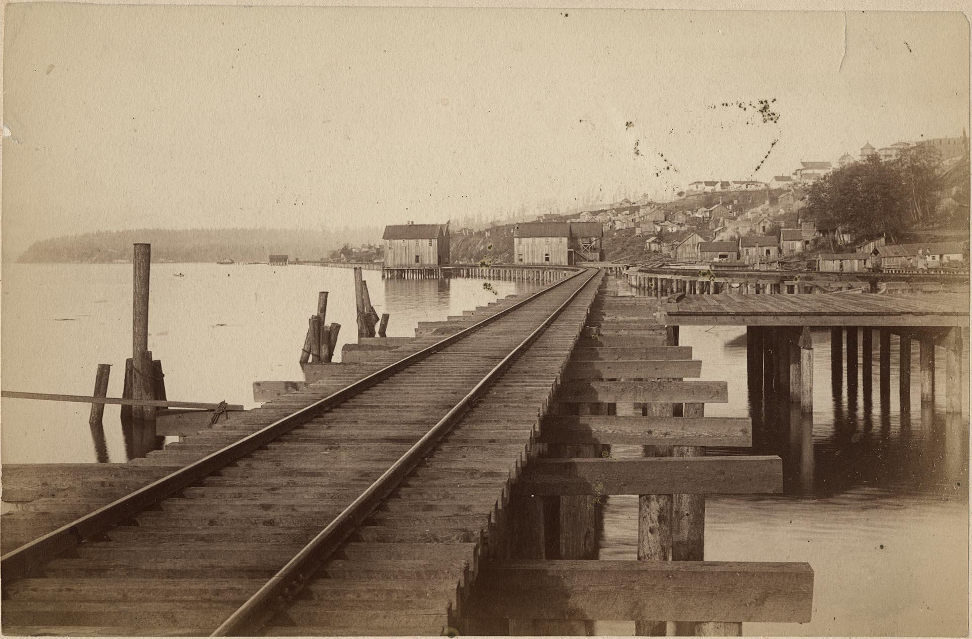 Image of Seattle, Lake Shore & Eastern tracks heading north from Seattle, circa 1890