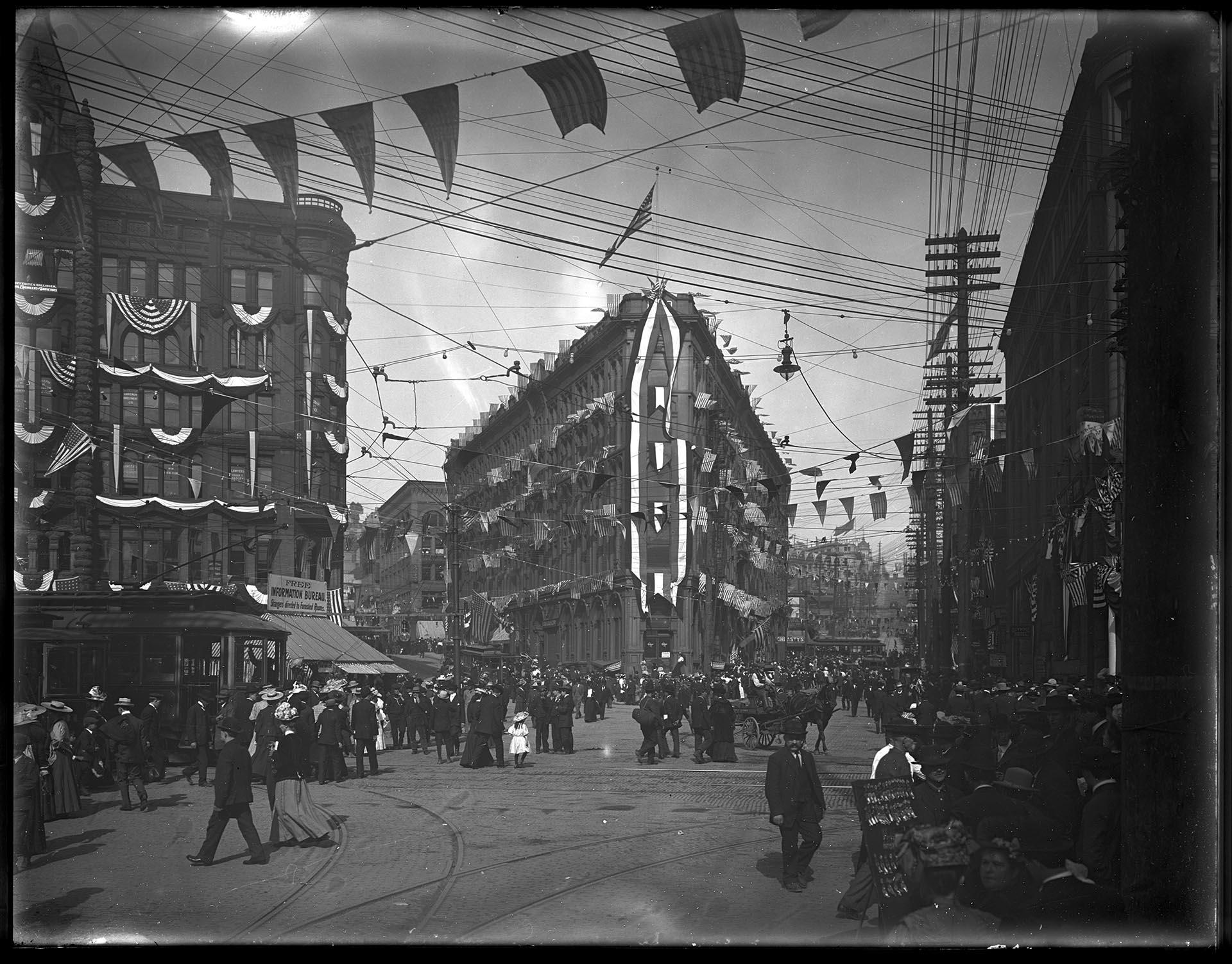Image of Crowds gathered in Pioneer Square celebration, Seattle, circa 1910