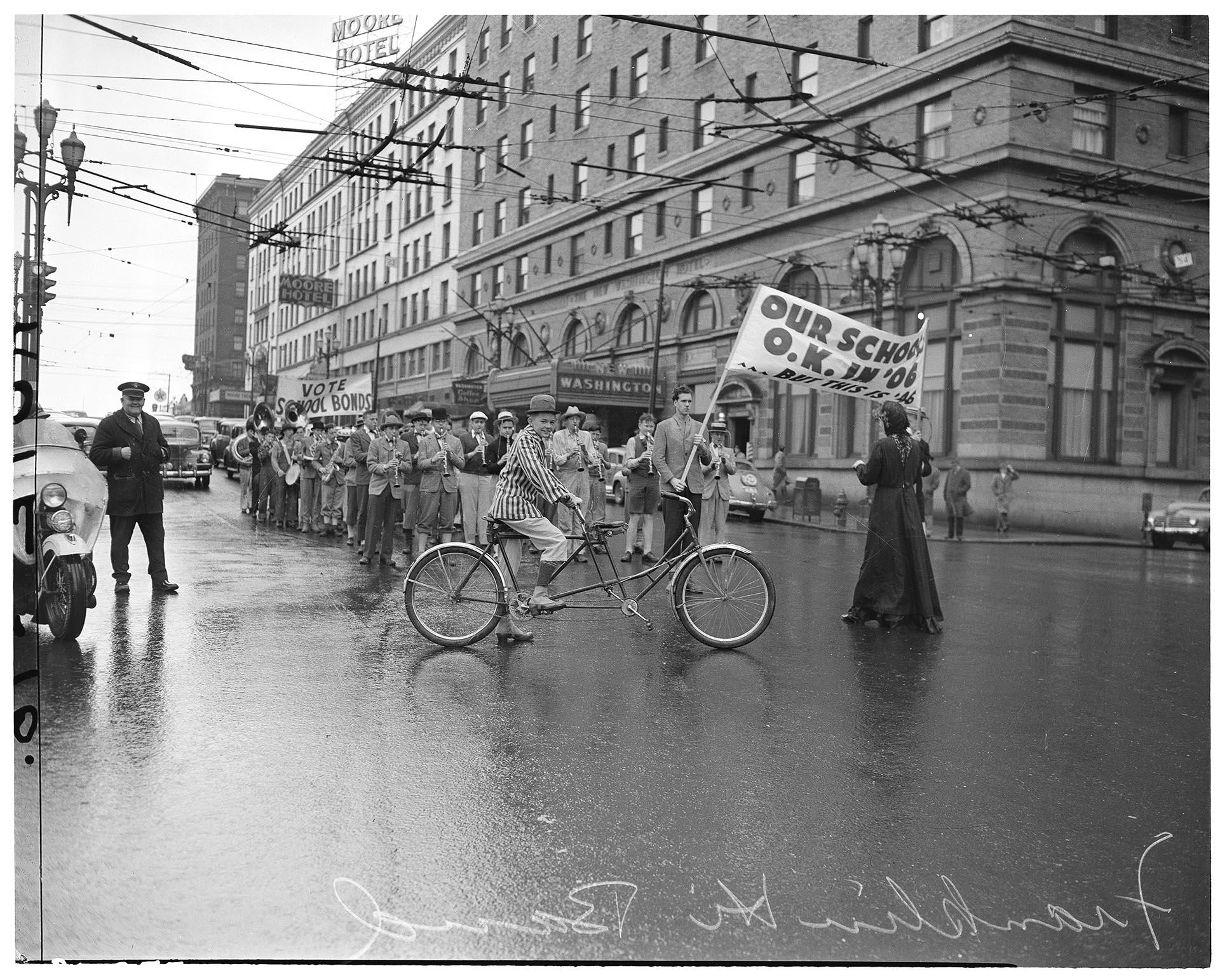 Image of Franklin High School band marching for school bond issue, Seattle, March 12, 1946