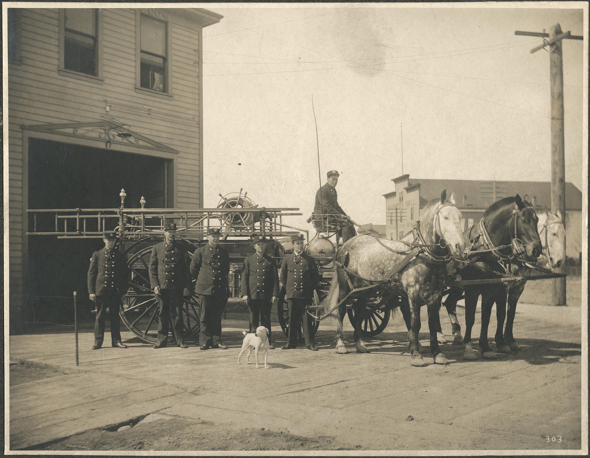 Image of Firemen and wagon at Ballard Fire Station No. 18, circa 1907