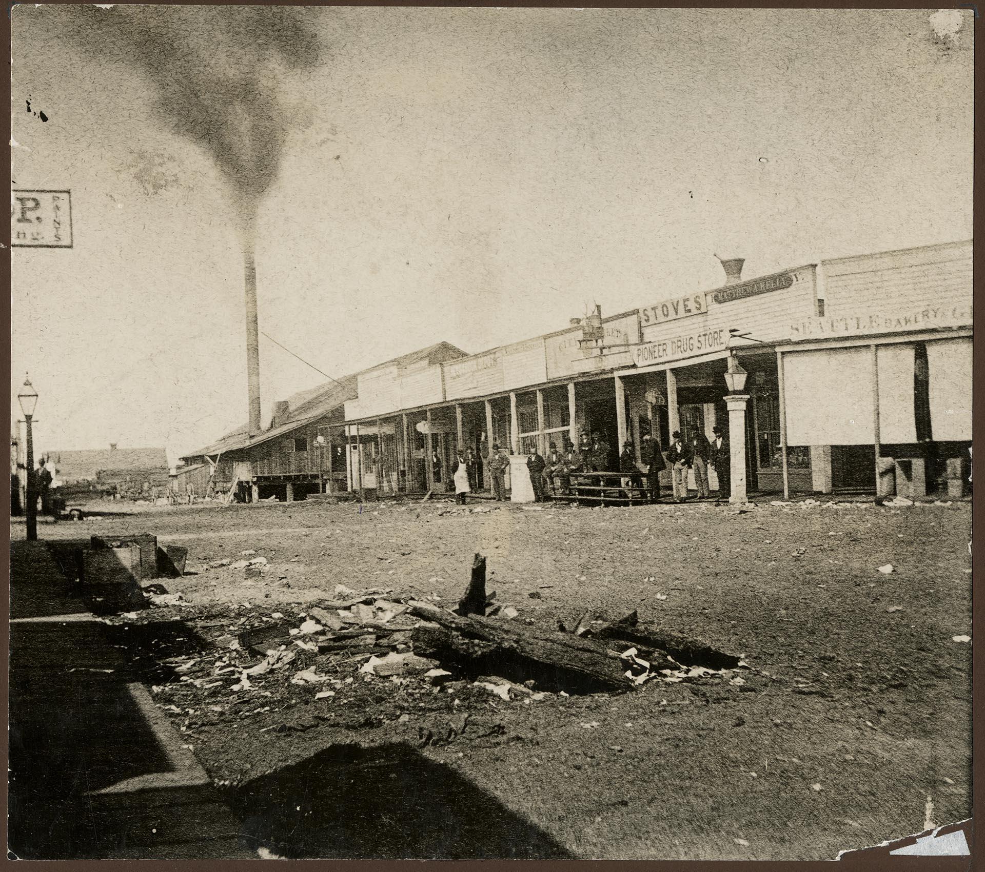Image of Yesler Way and Yesler's Mill, Seattle, 1873