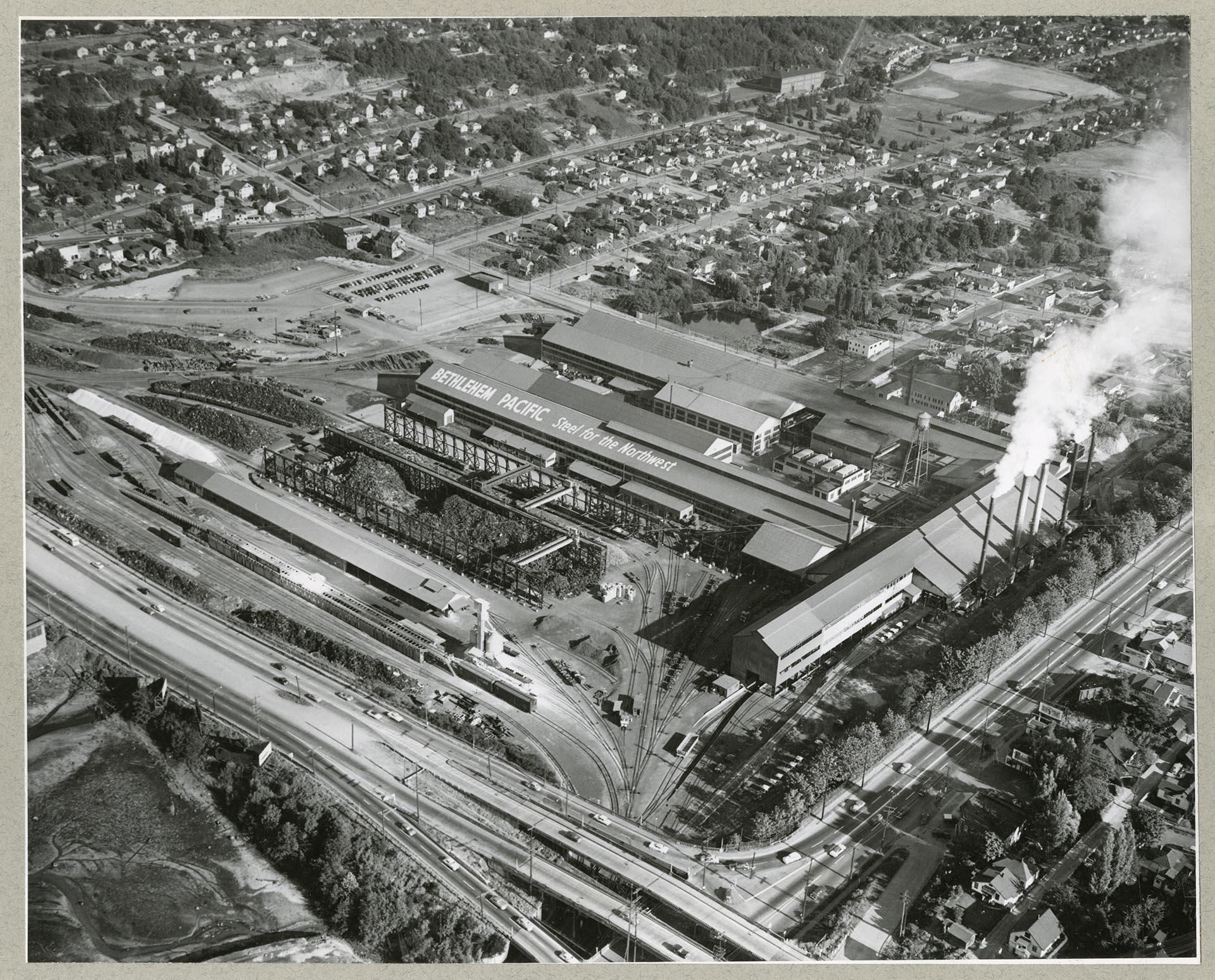 Image of Aerial view of Bethlehem Pacific Steel plant, Seattle, 1954