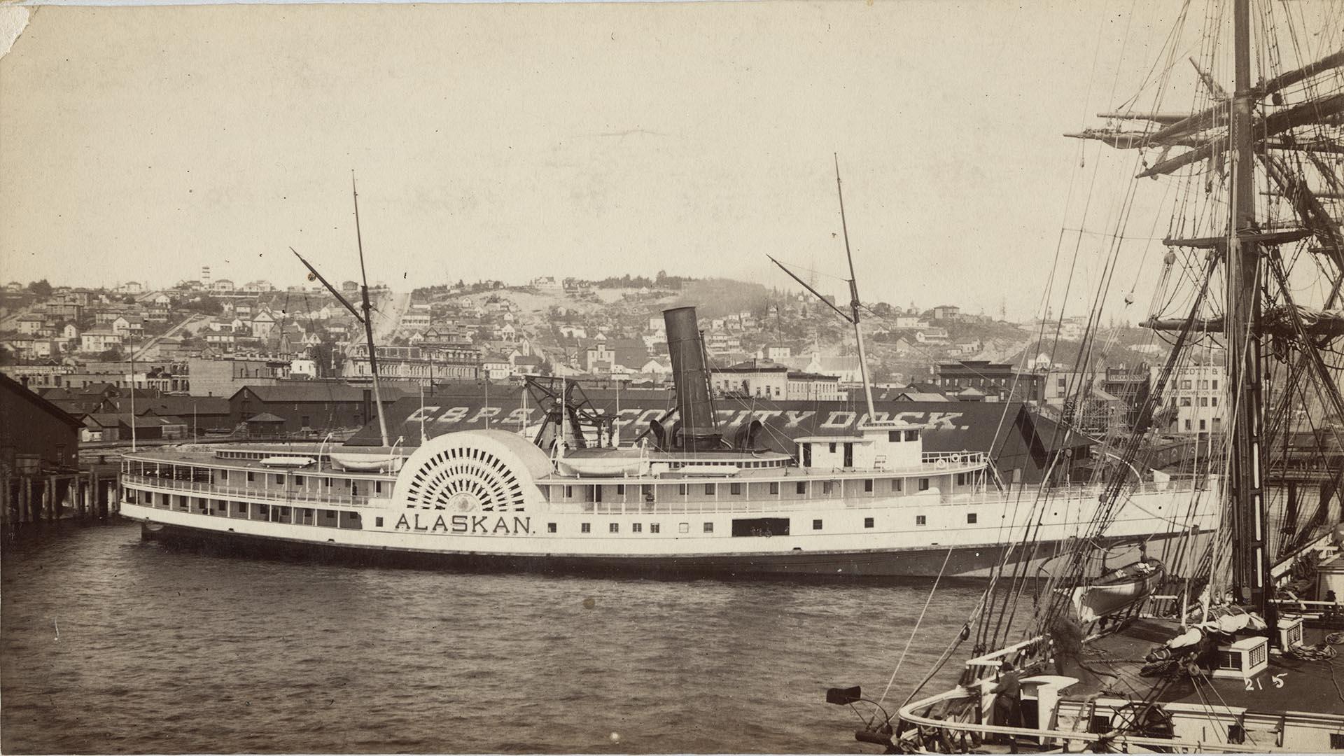 Image of East-facing view of Seattle and the Alaskan, 1888