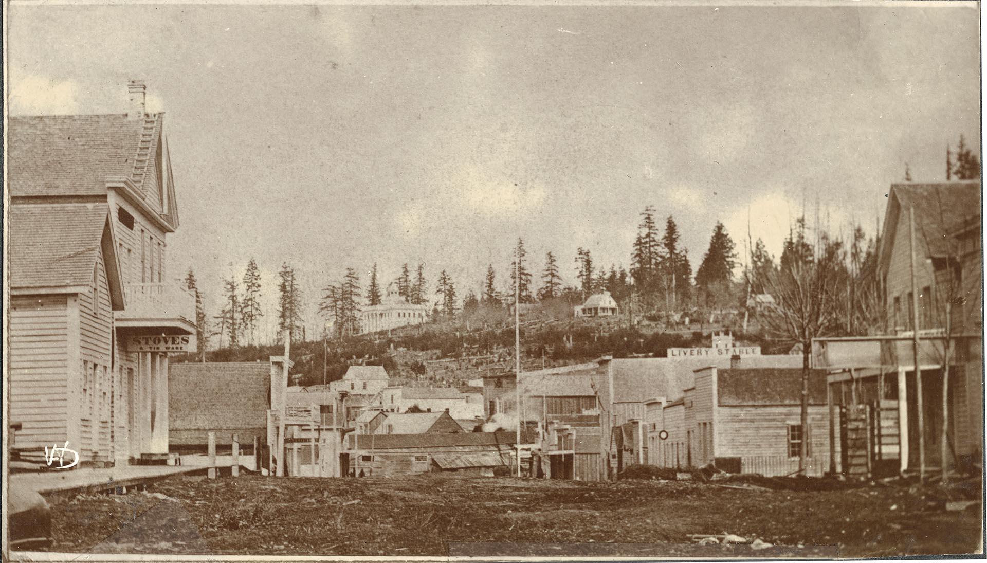 Image of Commercial Street looking north, Seattle, 1865