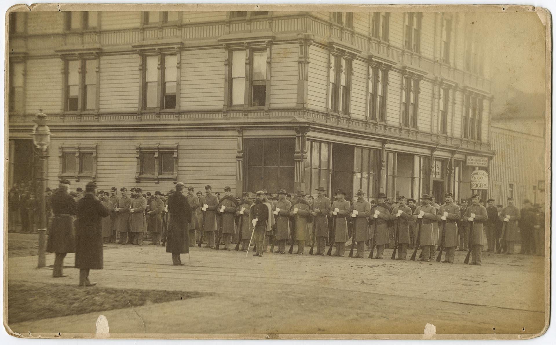 Image of Militia lined up during anti-Chinese riot, Seattle, February, 1886