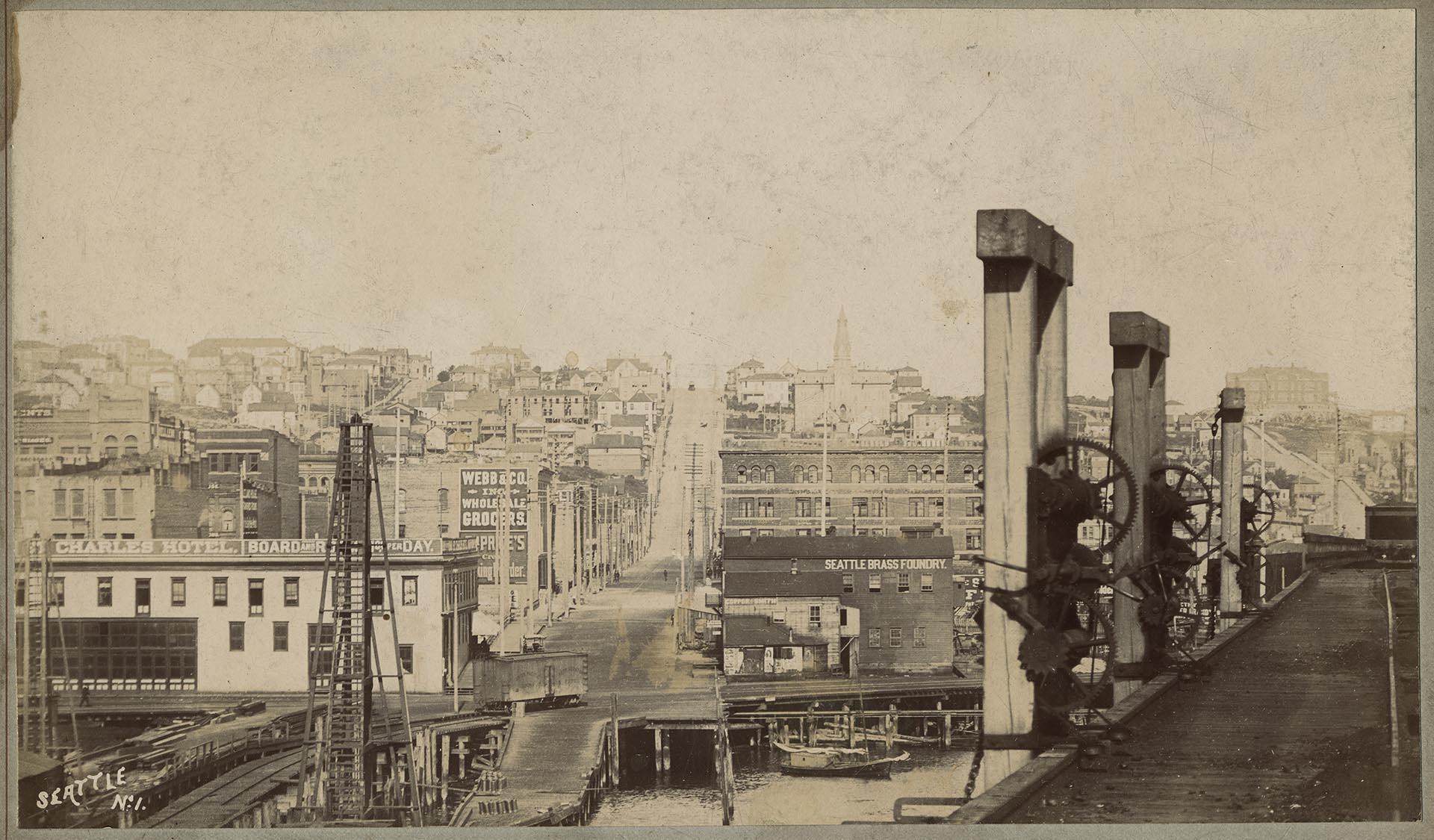 Image of Jackson Street looking east from waterfront, Seattle, circa 1892