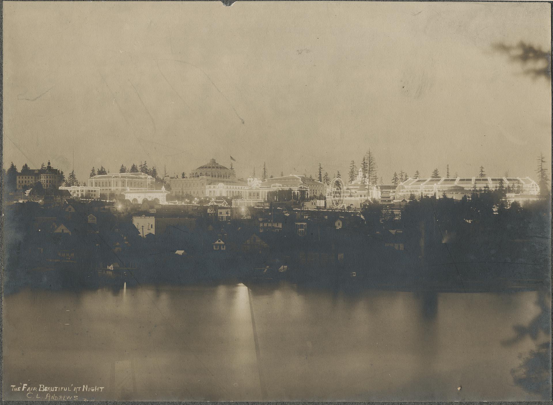 Image of Alaska-Yukon-Pacific Exposition grounds at night, Seattle, 1909