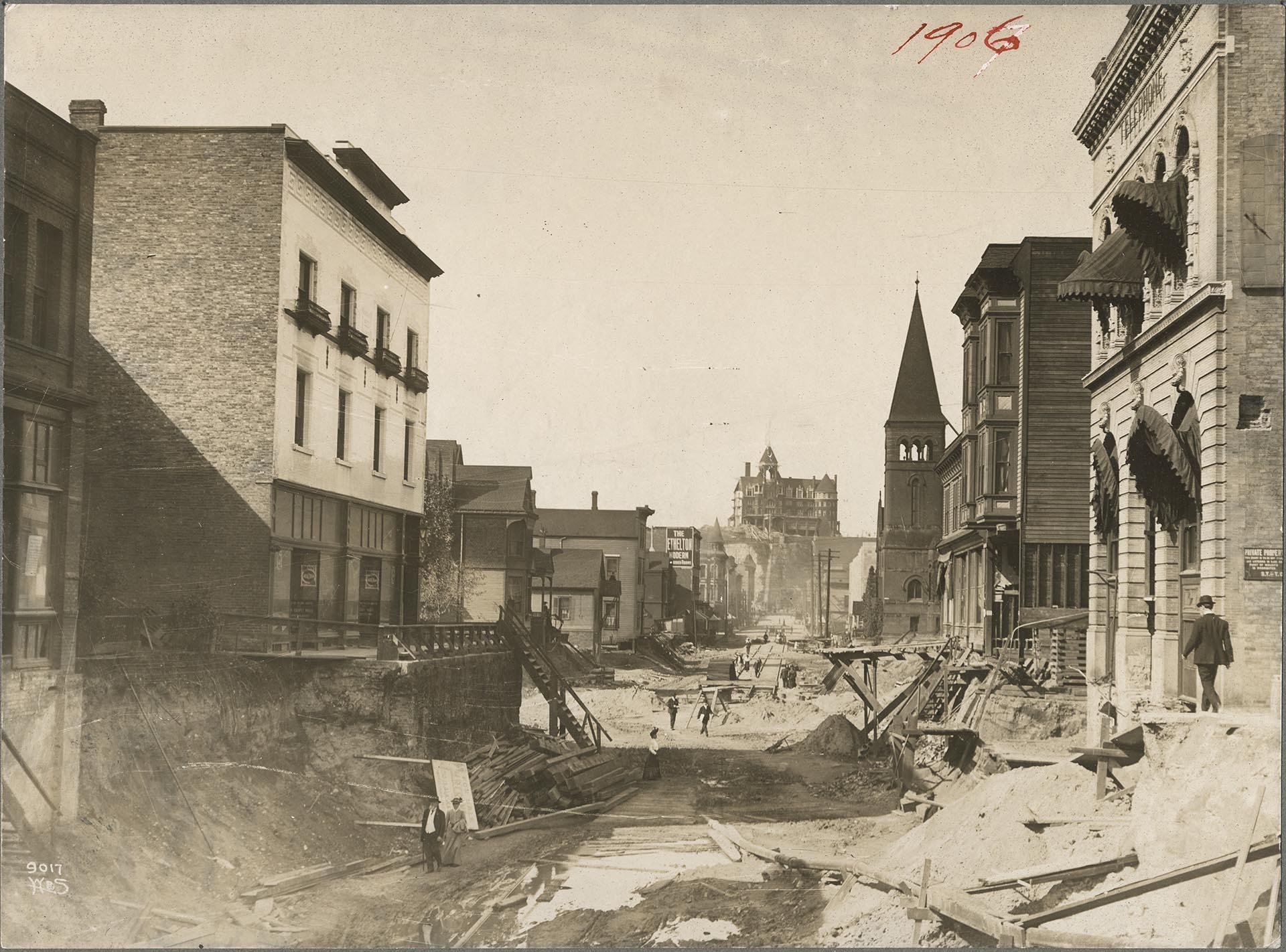 Image of Regrading on Third Avenue near Spring Street, Seattle, 1906