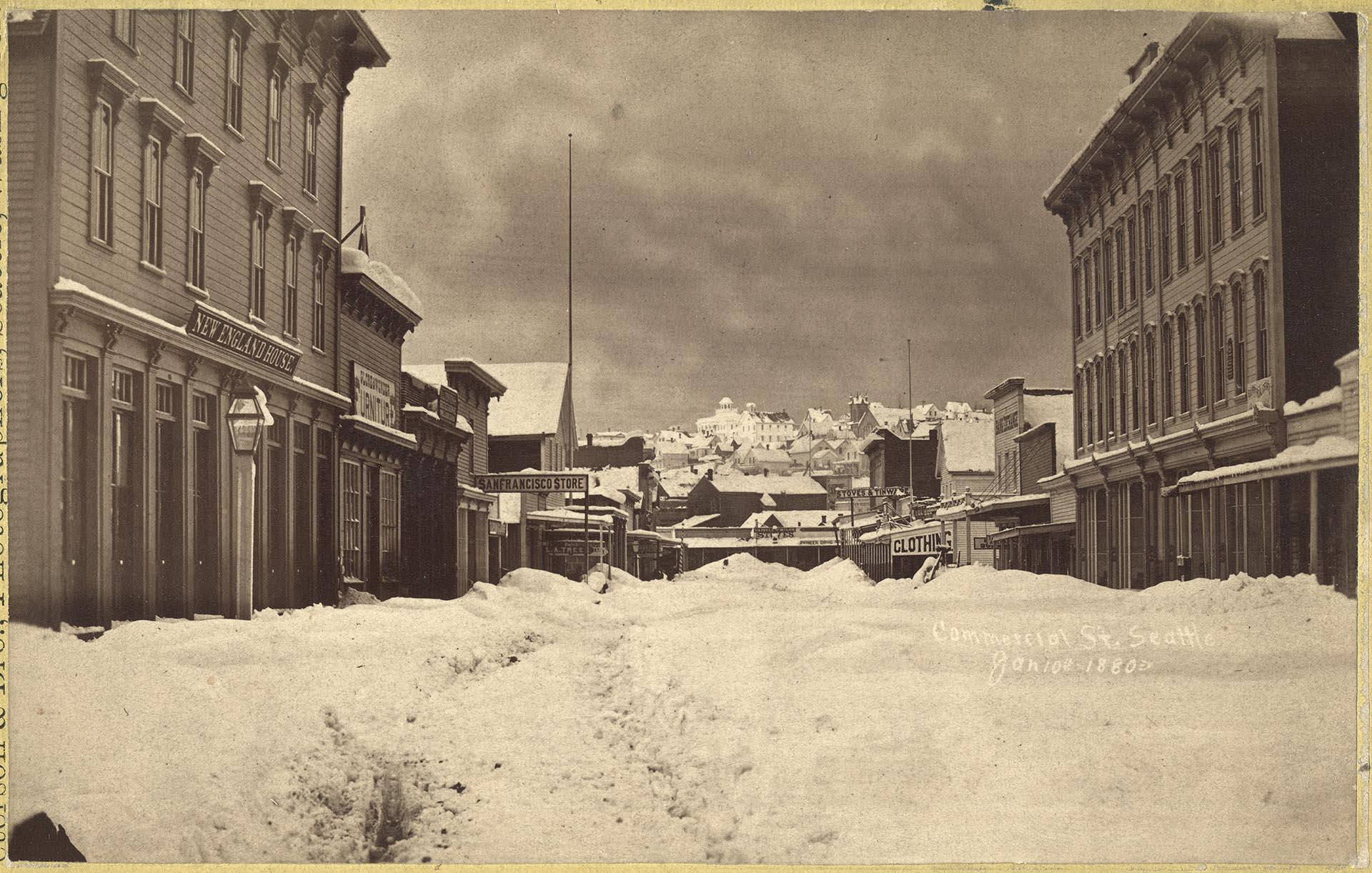 Image of Commercial Street in snow, Seattle, January 10, 1880