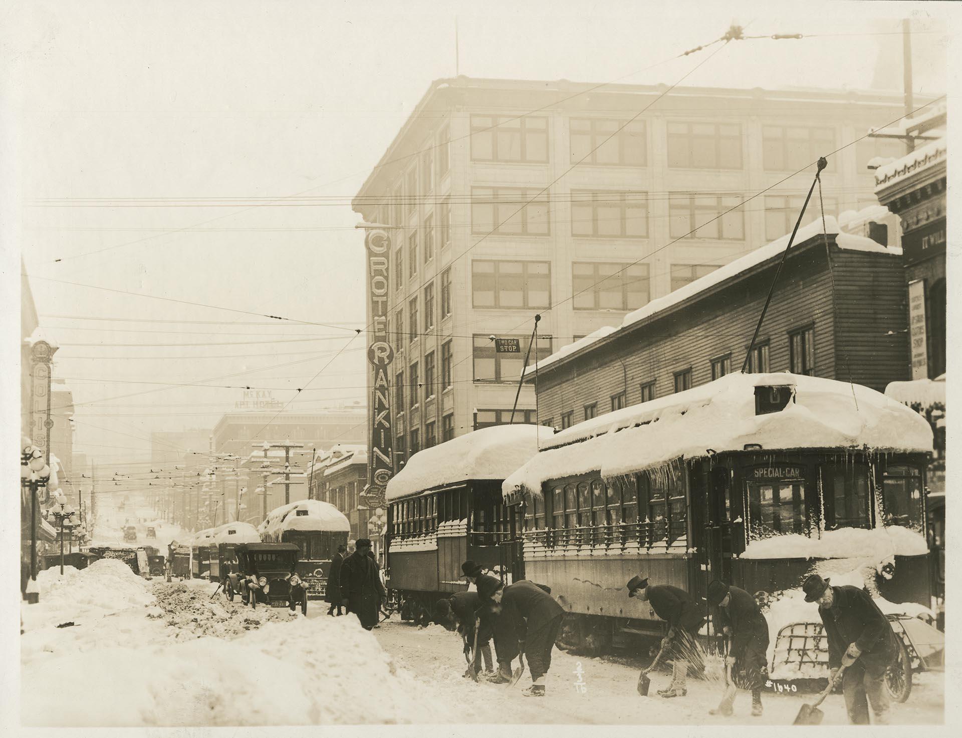 Image of Trolleys on Pike Street after snow, Seattle, January 31, 1916