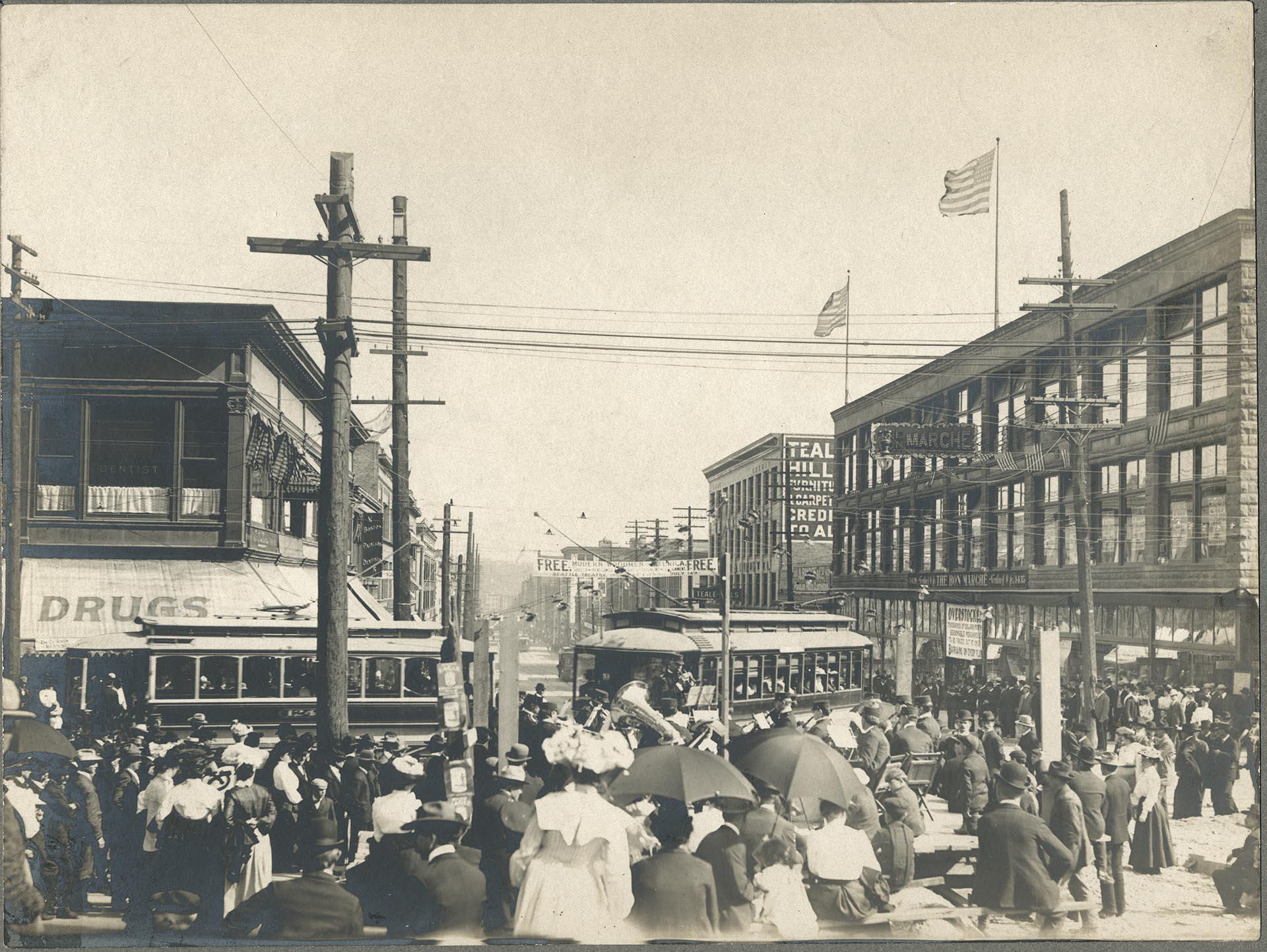 Image of Pike Street, looking east from west of Second Avenue, Seattle, 1904