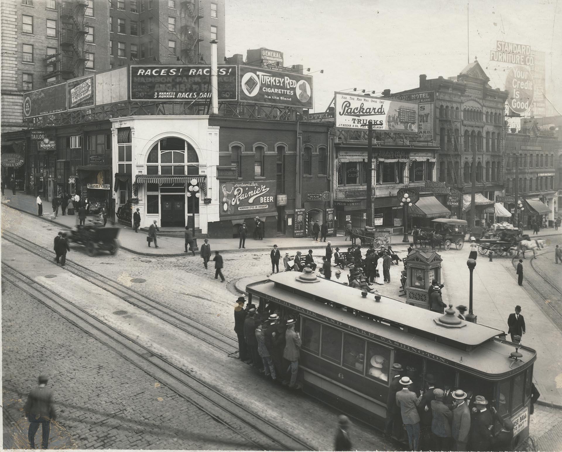 Image of Baseball fans on Yesler Way cable car, 1912