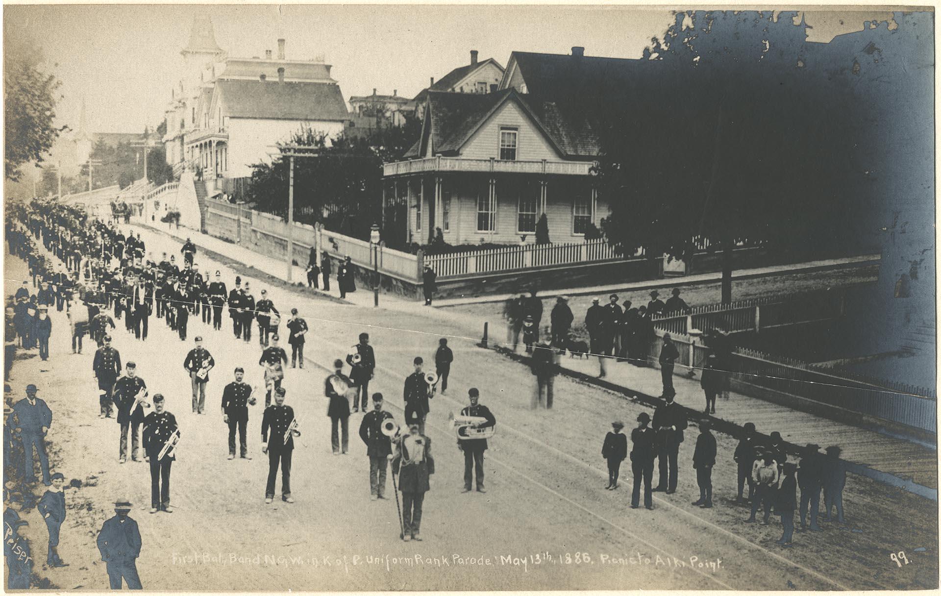 Image of Washington National Guard 1st Infantry Regiment parade to Alki Point, West Seattle, May 13, 1886