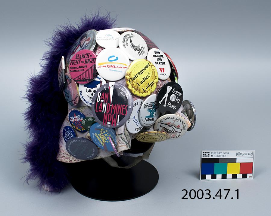 Image of Seattle Raging Grannies hat with activist buttons, ca. 1995