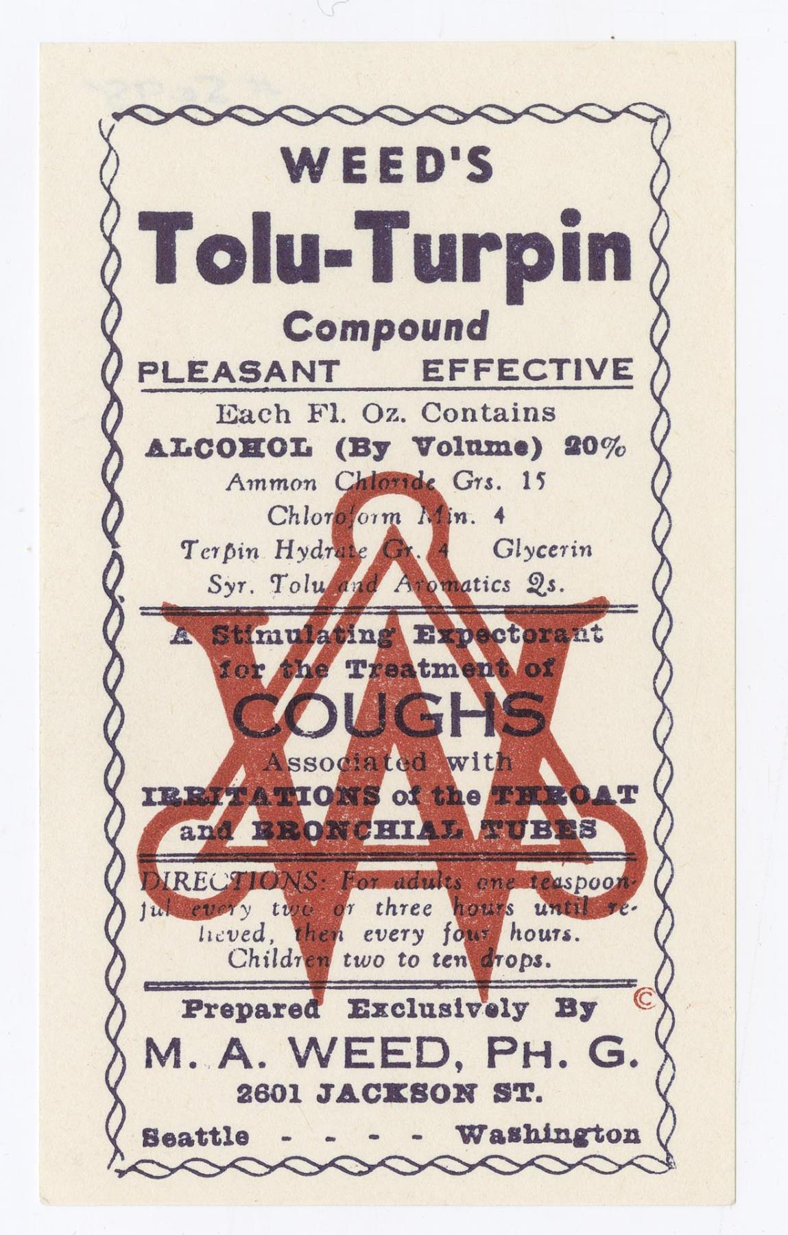 Image of Weed's Tolu-Turpin Compound label, circa 1930