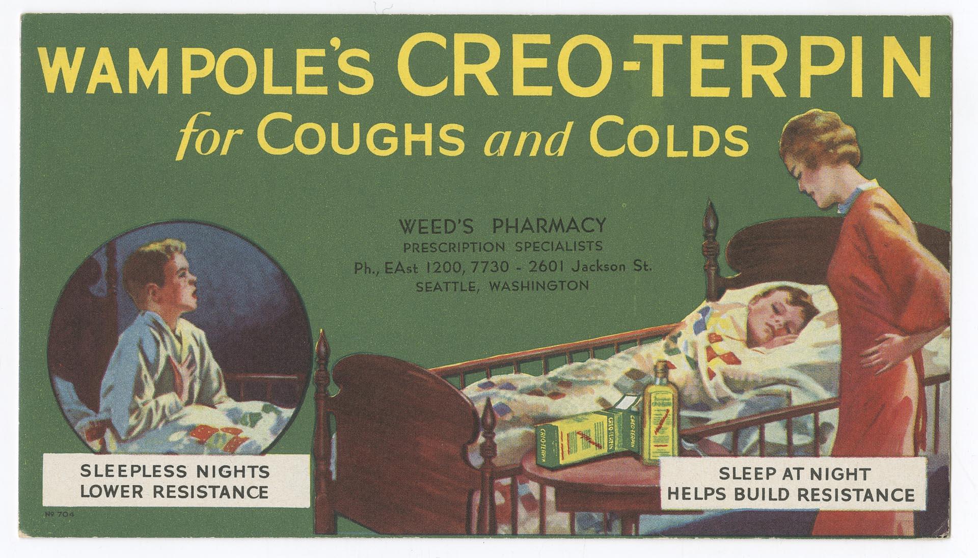 Image of Wampole's Creo-Terpin for coughs and colds advertising card, circa 1910