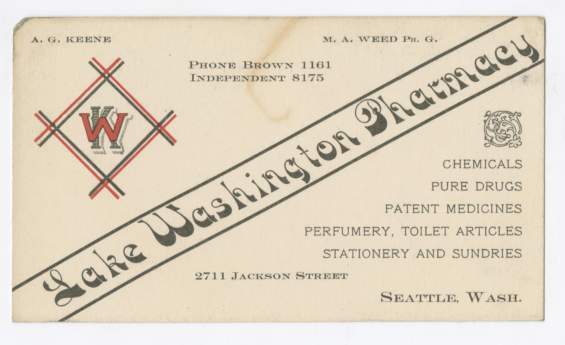 Image of Lake Washington Pharmacy business card, circa 1905