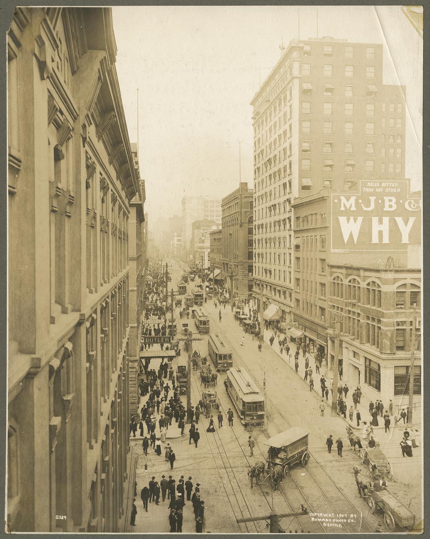 Image of Downtown Seattle, looking north on 2nd Ave. from James St., 1907