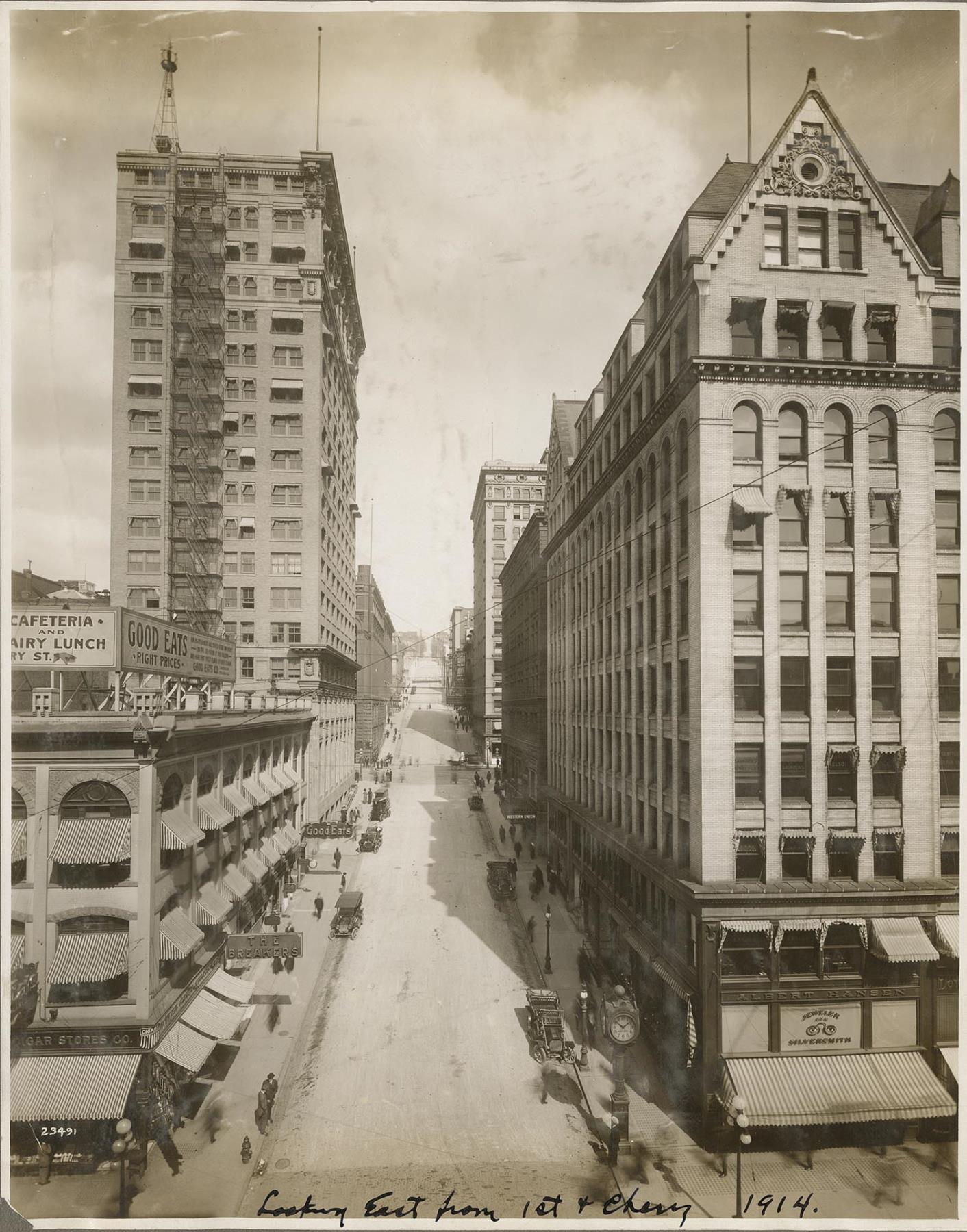 Image of Looking east up Cherry Street from 1st Ave., Seattle, 1914