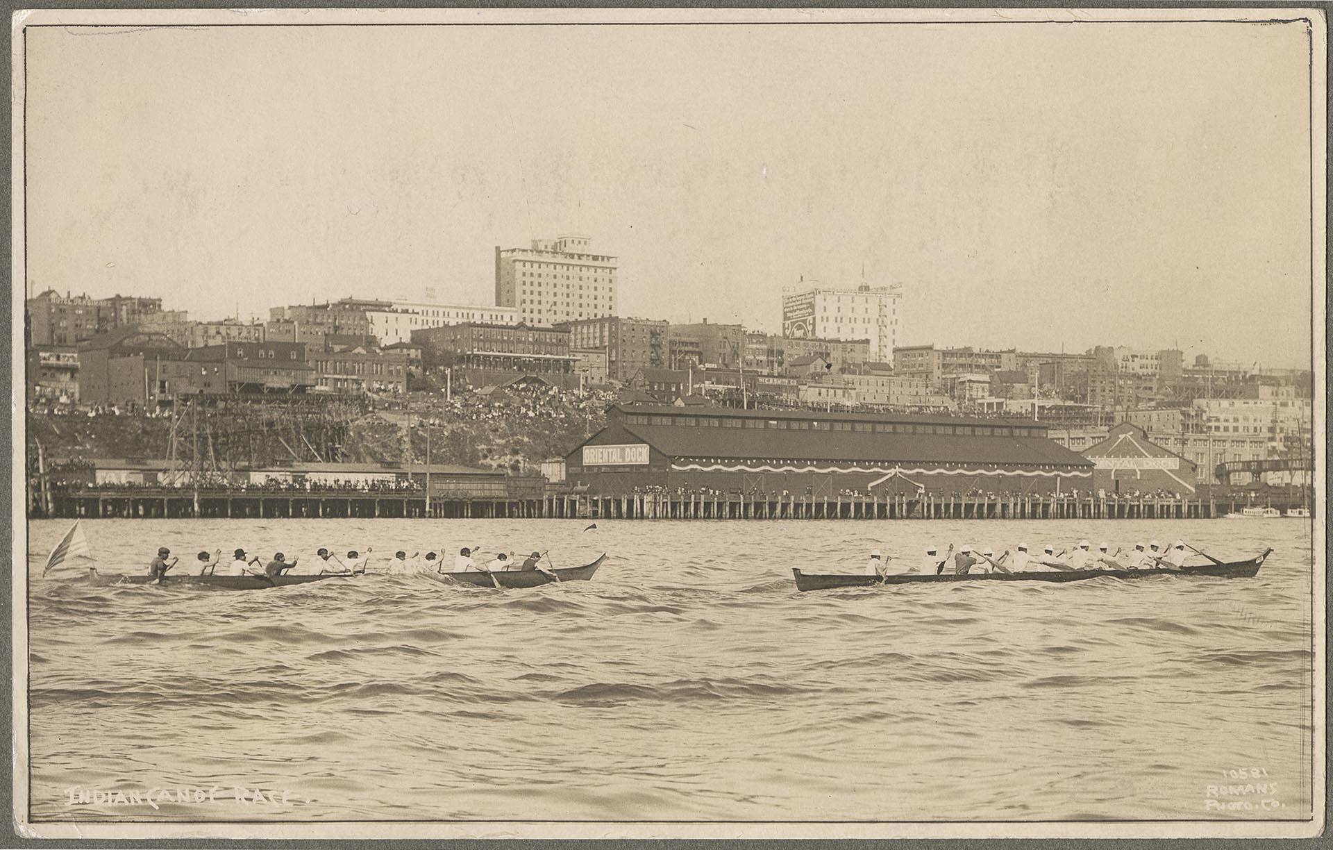 Image of Indigenous boat races on Elliott Bay, Seattle, circa 1912
