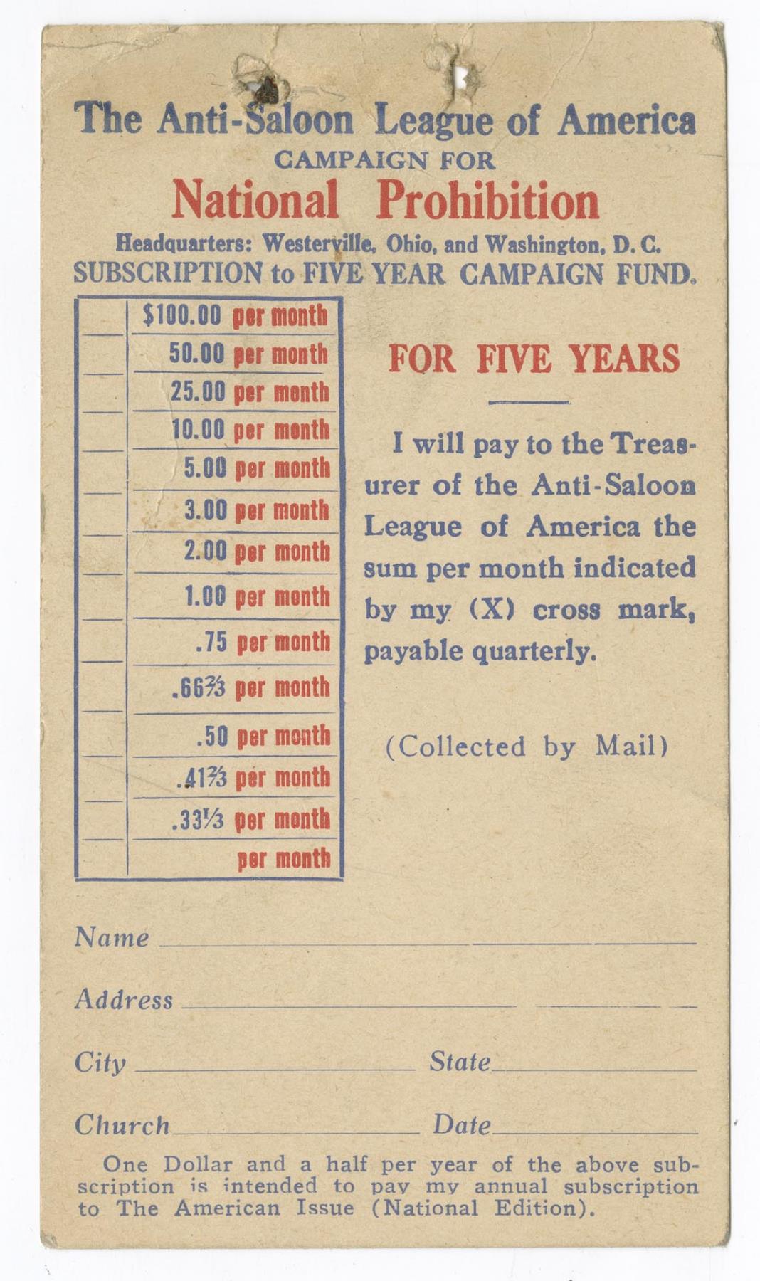 Image of Anti-Saloon League of America subscription card, circa 1910