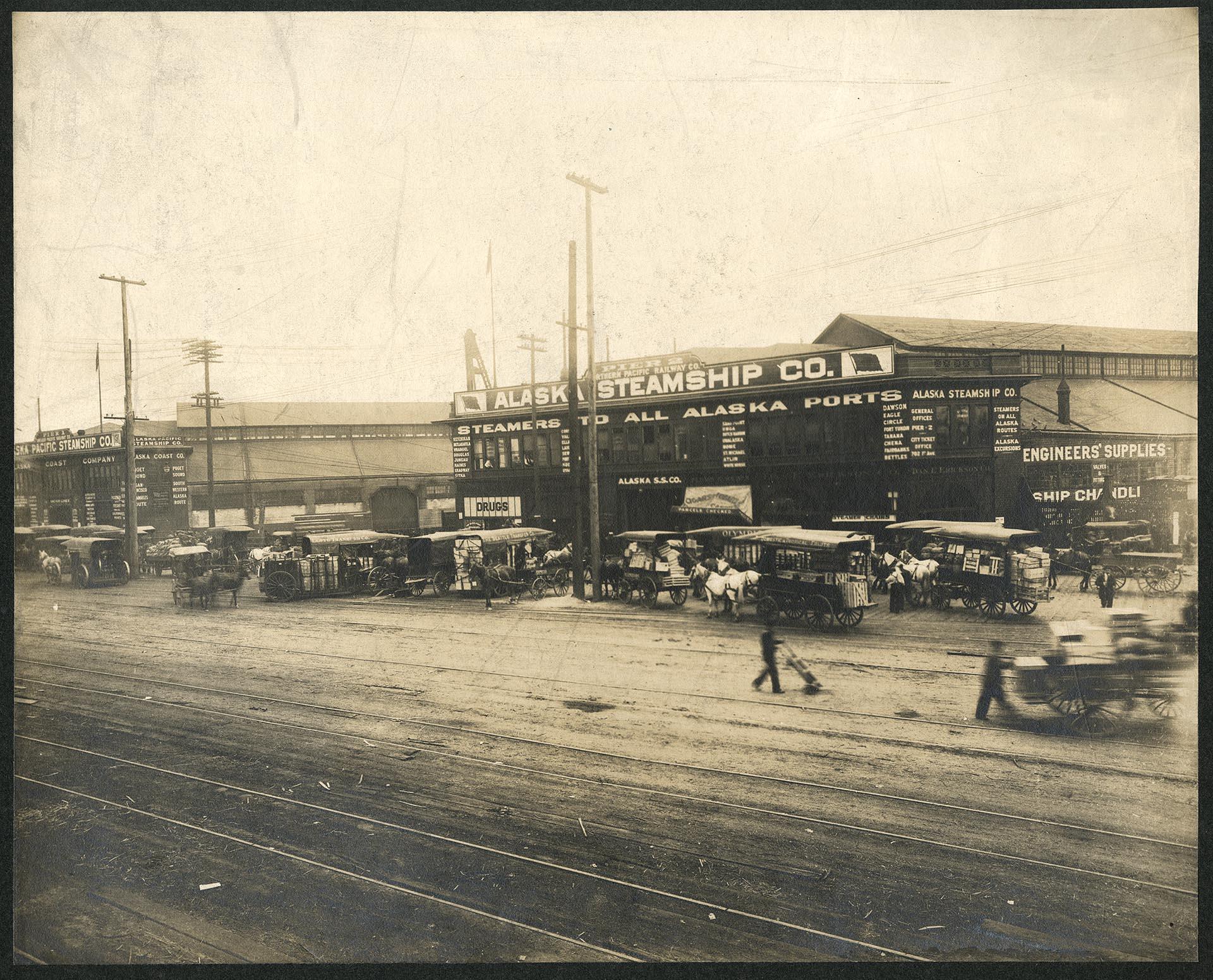 Image of Alaska Steamship Company at Piers 1 and 2, Seattle, circa 1898