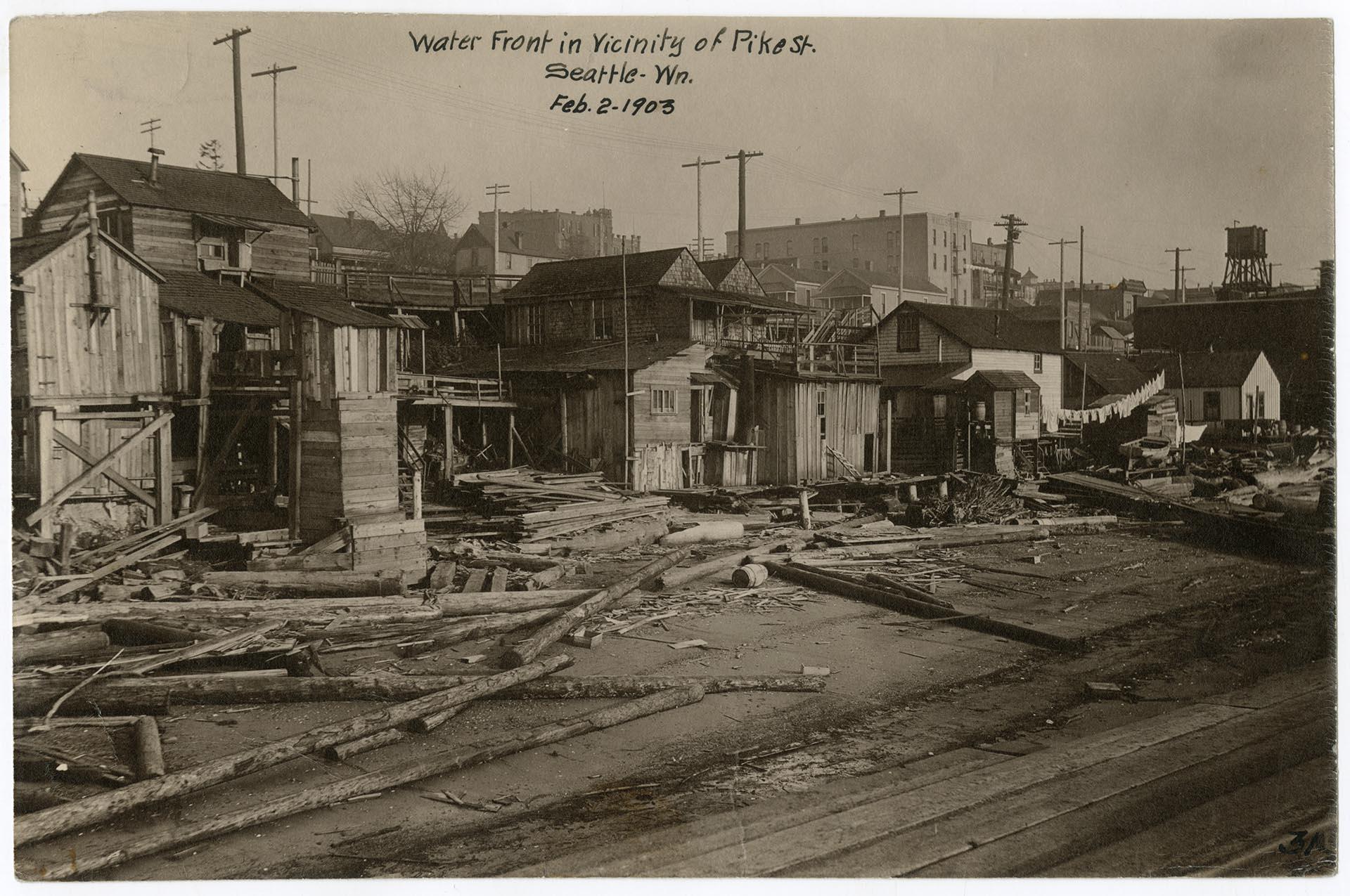 Image of Beach shacks on waterfront, Seattle, 1903