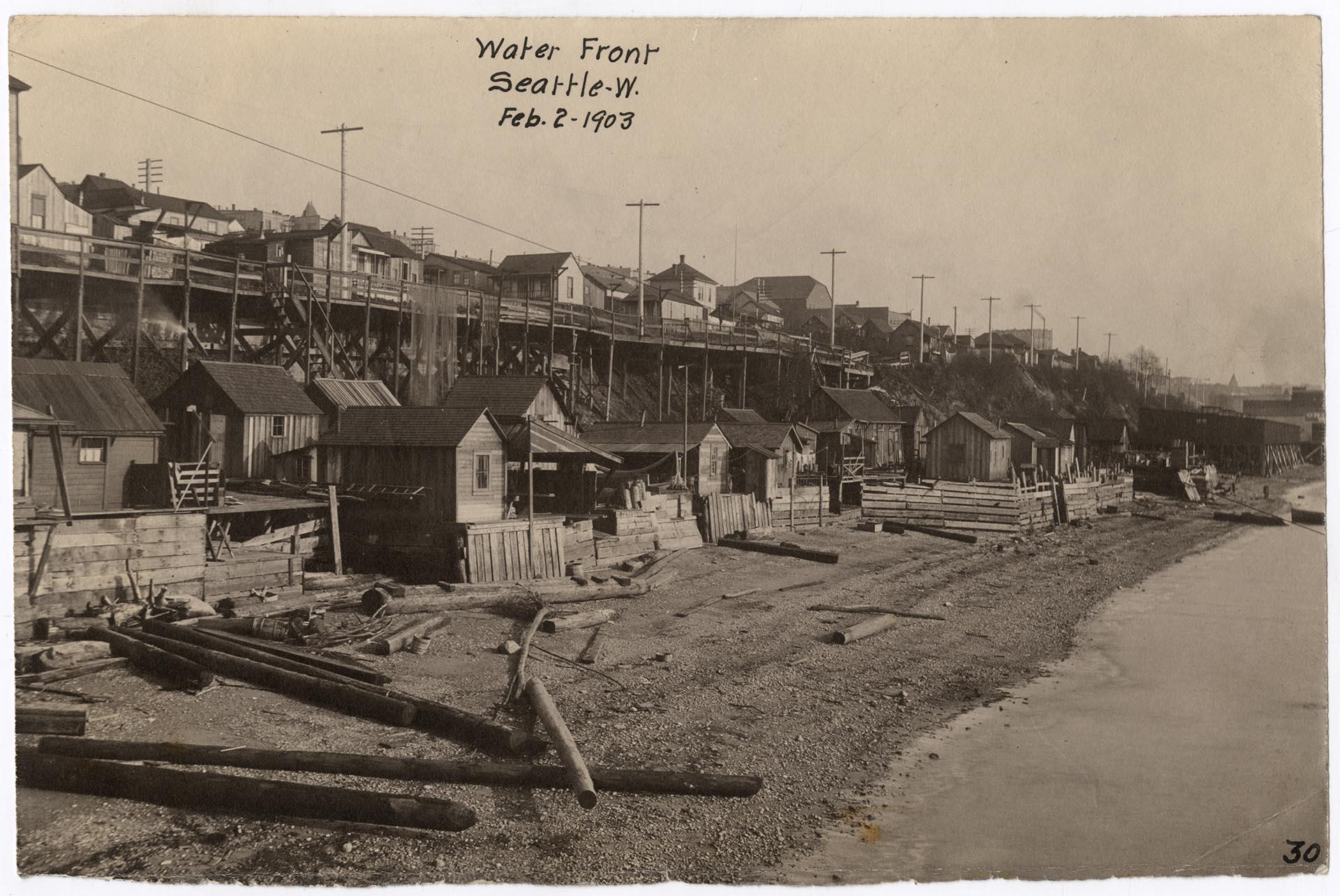 Image of Beach shacks on waterfront, Seattle, 1903