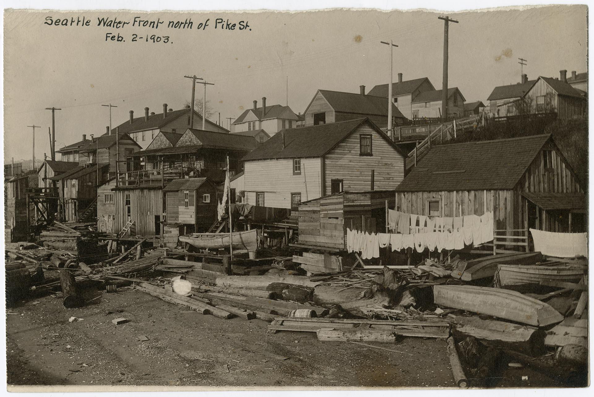 Image of Beach shacks on waterfront, Seattle, 1903