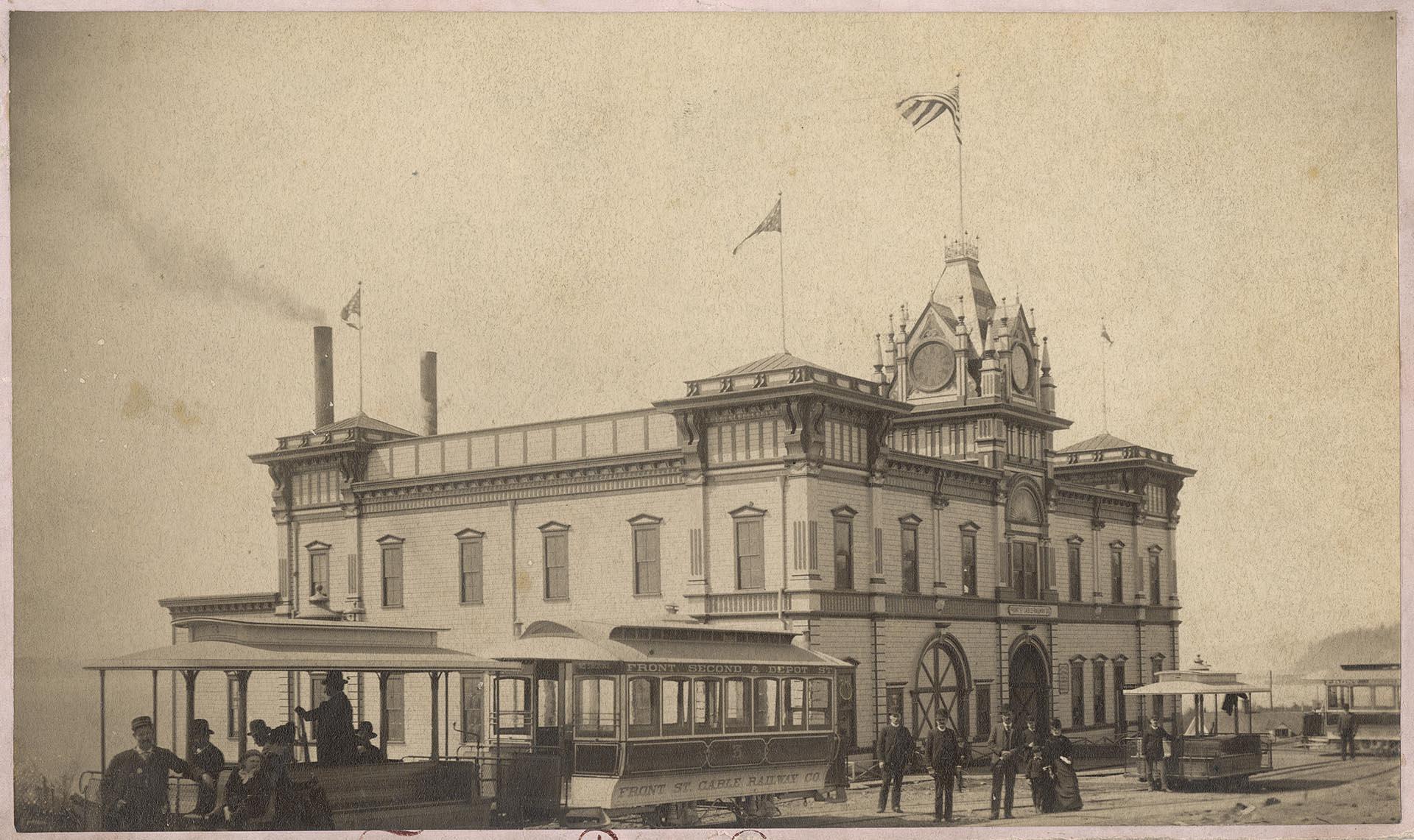 Image of Front Street Cable Railway Company power house and cable cars, Seattle, circa 1890