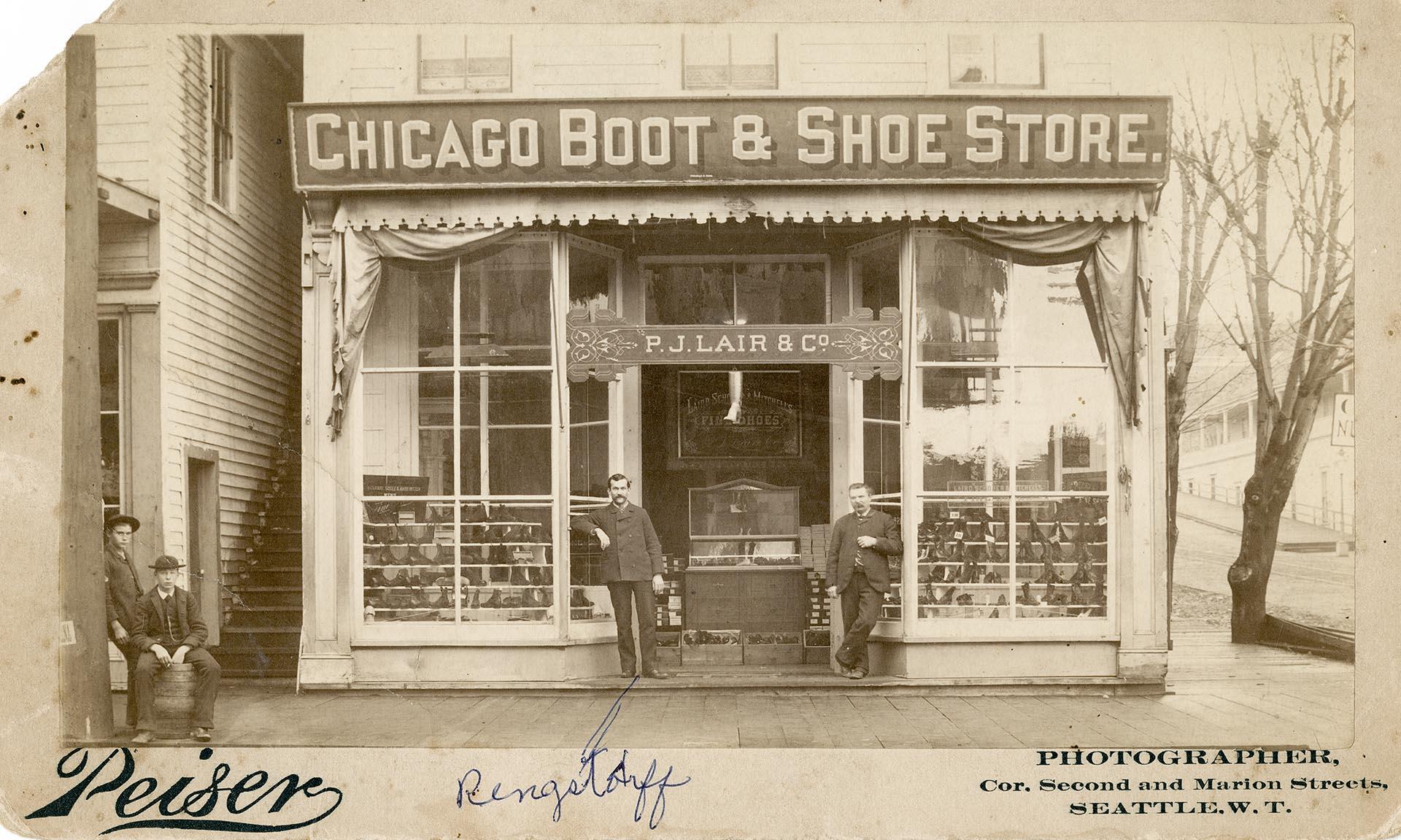 Image of Exterior of Chicago Boot & Shoe Store before Great Seattle Fire, circa 1889
