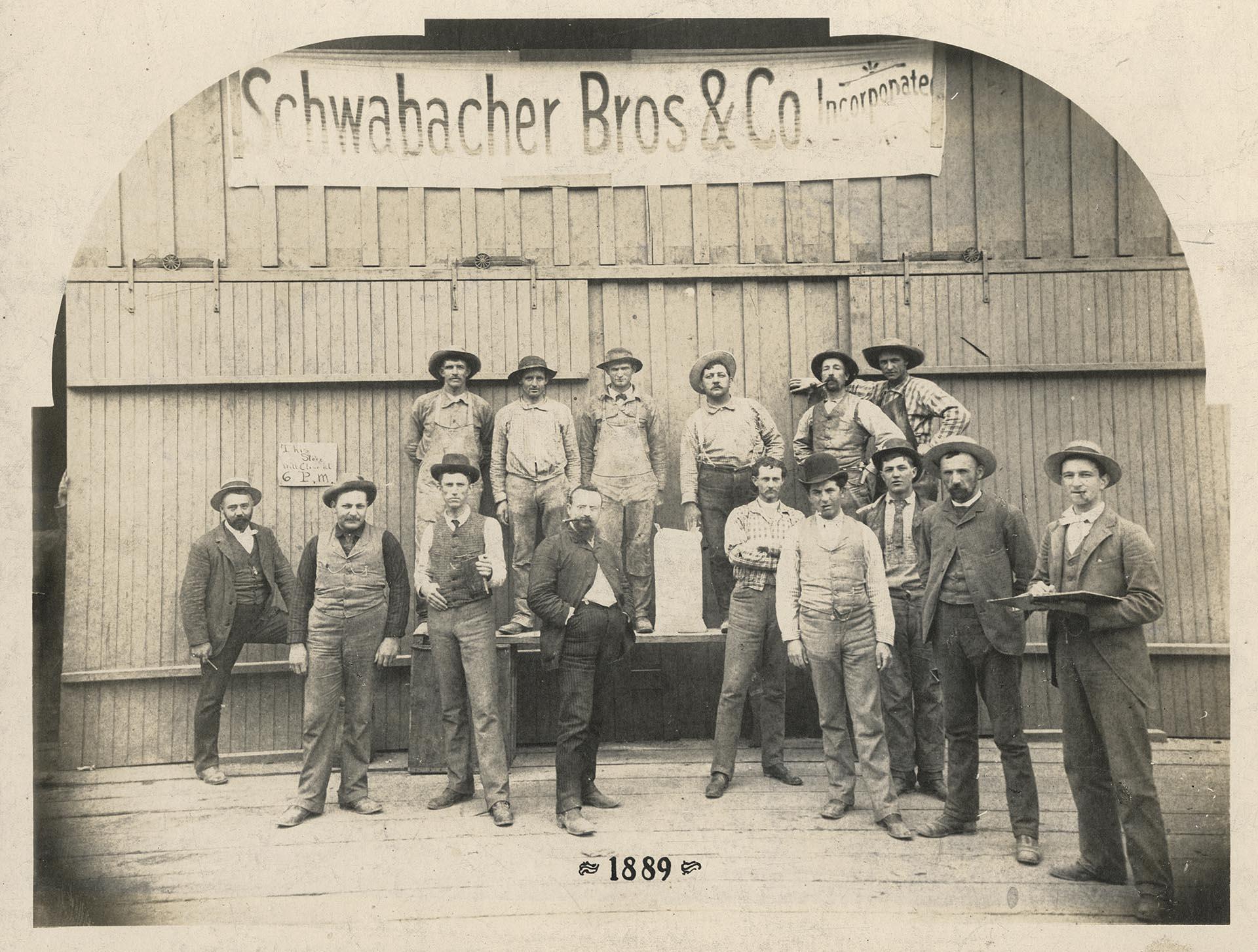 Image of Schwabacher Bros. & Co. employees posing outside store, Seattle, 1889