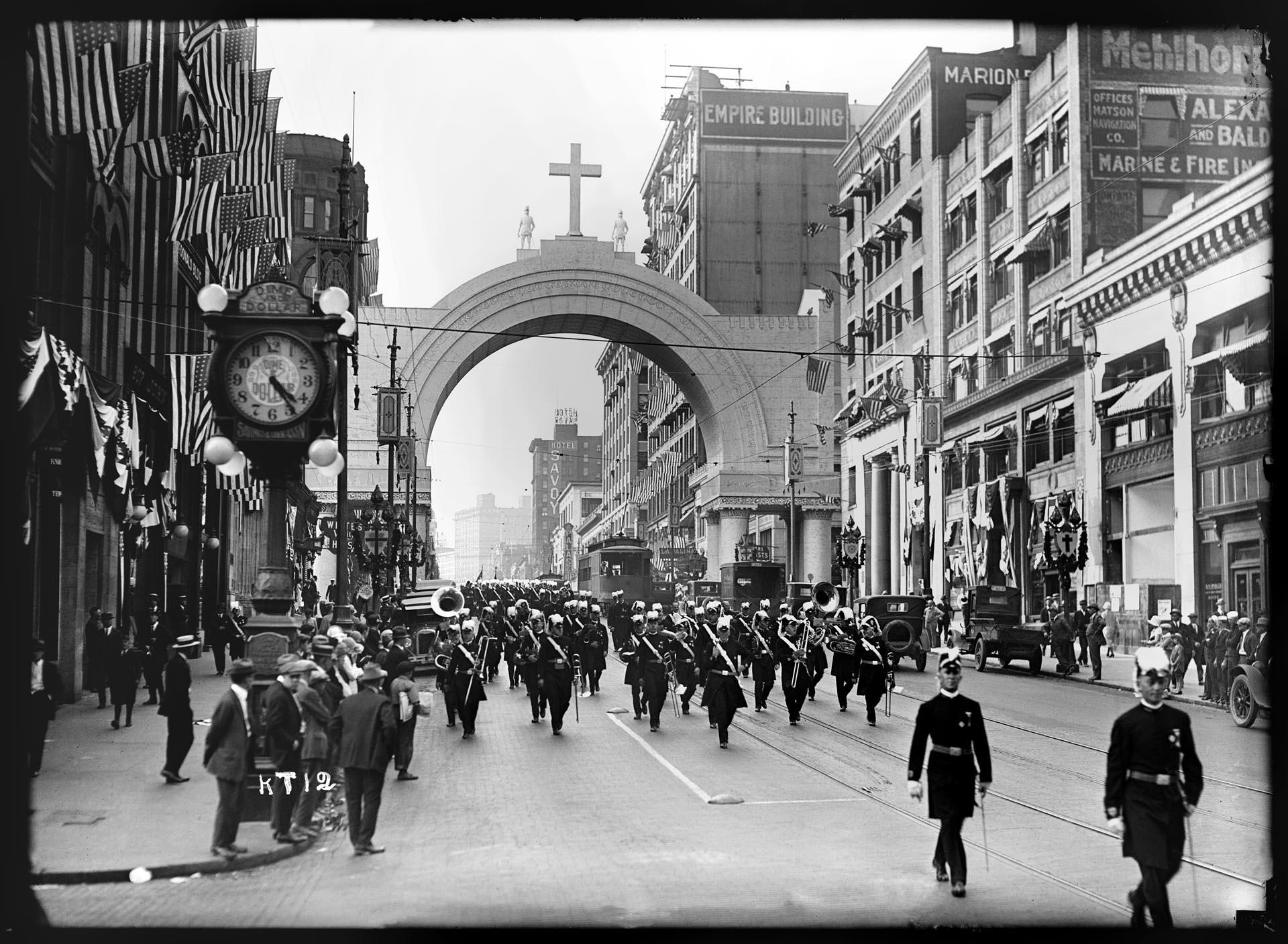Image of Knights Templar parading on Second Avenue, Seattle, July 1925