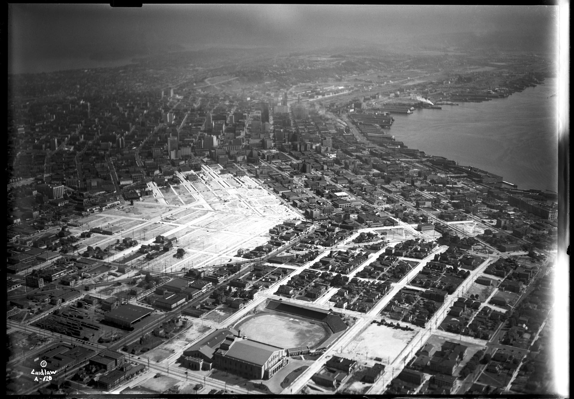 Image of Aerial view of Denny regrade area, Seattle, 1931