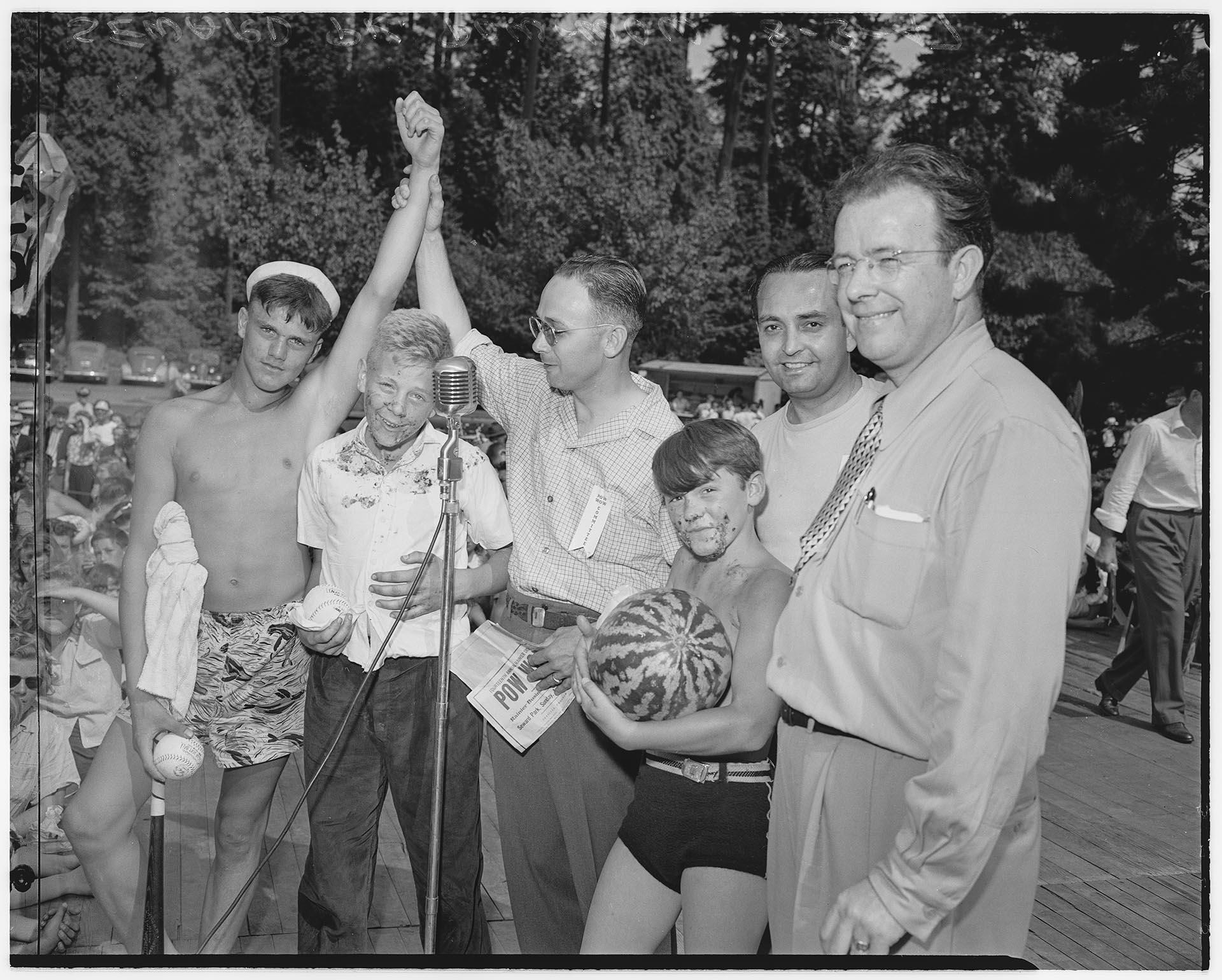 Image of Winners of pie eating contest with judges, Seattle, August 3, 1947