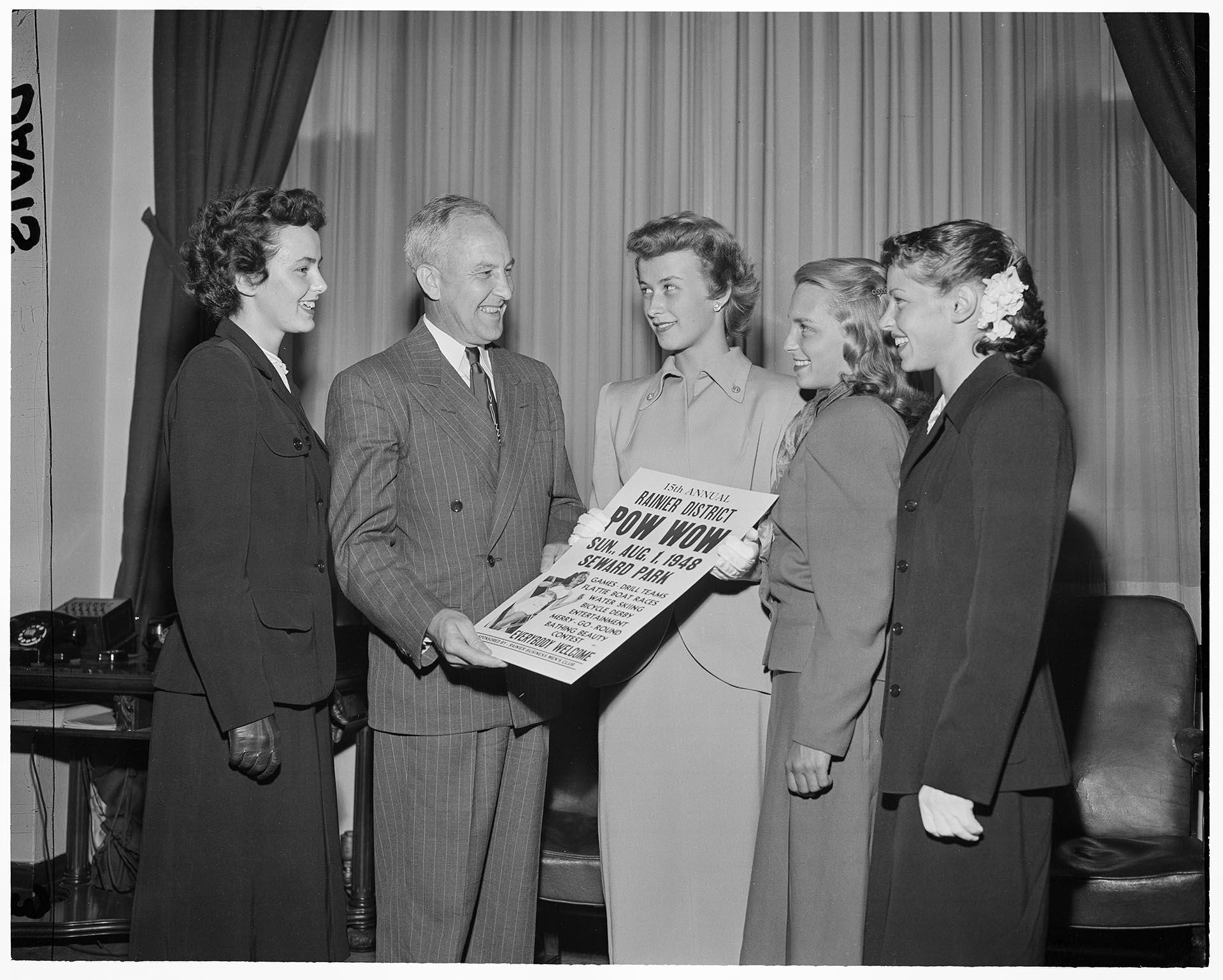 Image of Pageant queen inviting mayor to Pow Wow, Seattle, July 21, 1948
