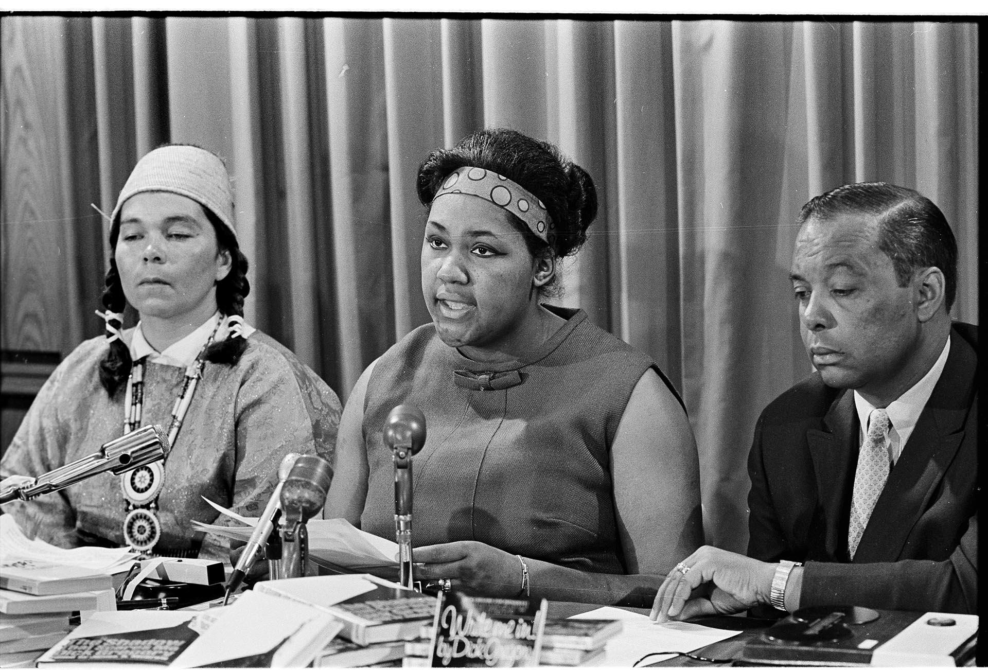 Image of Janet McCloud, Lillian Gregory, and Jack Tanner at press conference, Olympia, July 3, 1968