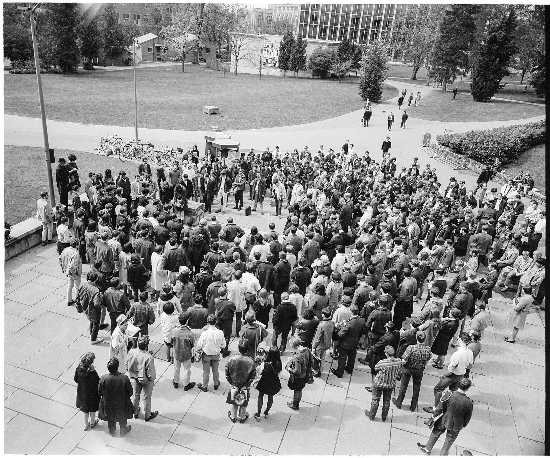 Image of Impromptu memorial service for Martin Luther King, Jr. on UW campus, Seattle, April 5, 1968