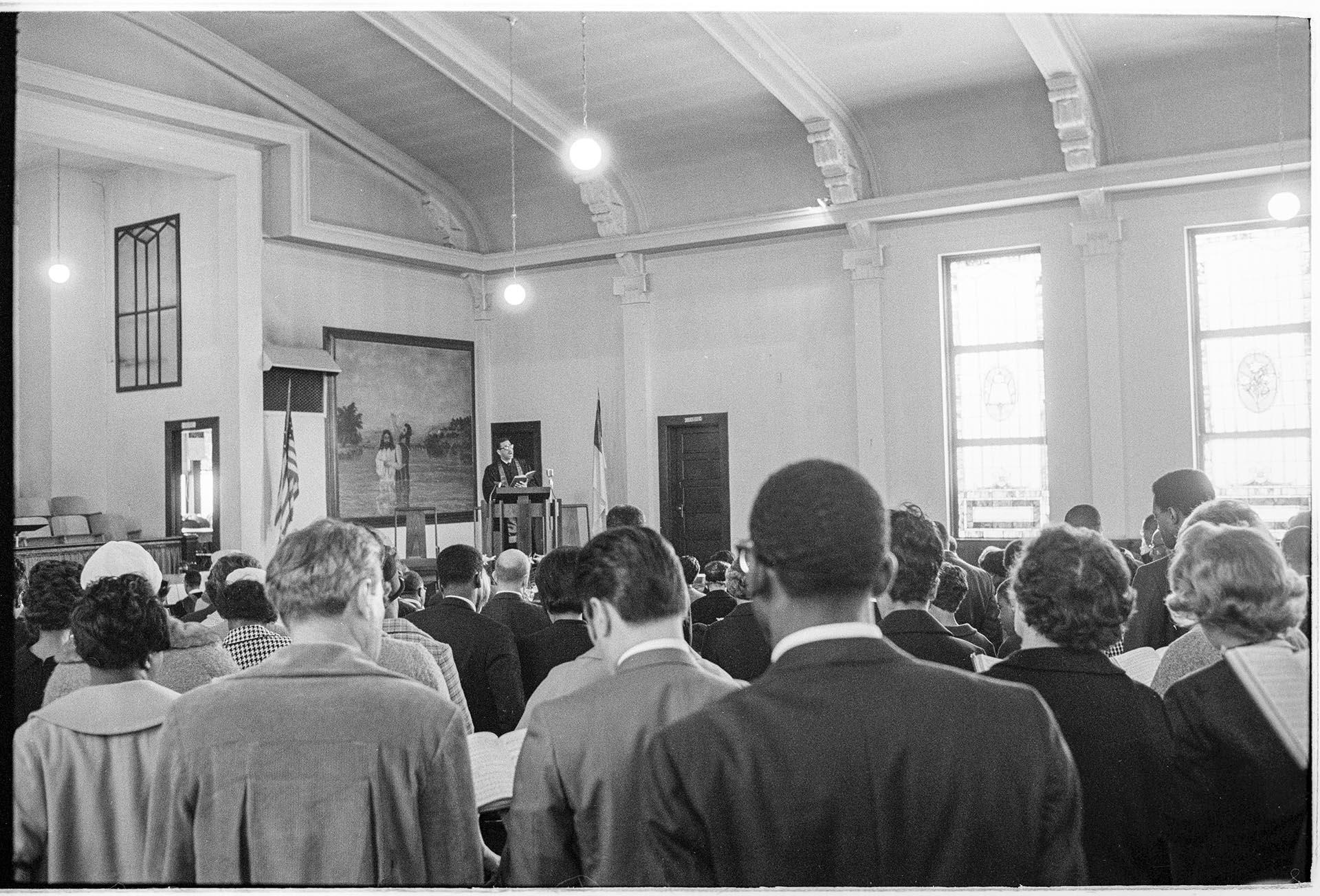 Image of Rev. Samuel B. McKinney delivering eulogy for Martin Luther King, Jr., Seattle, April 4, 1968