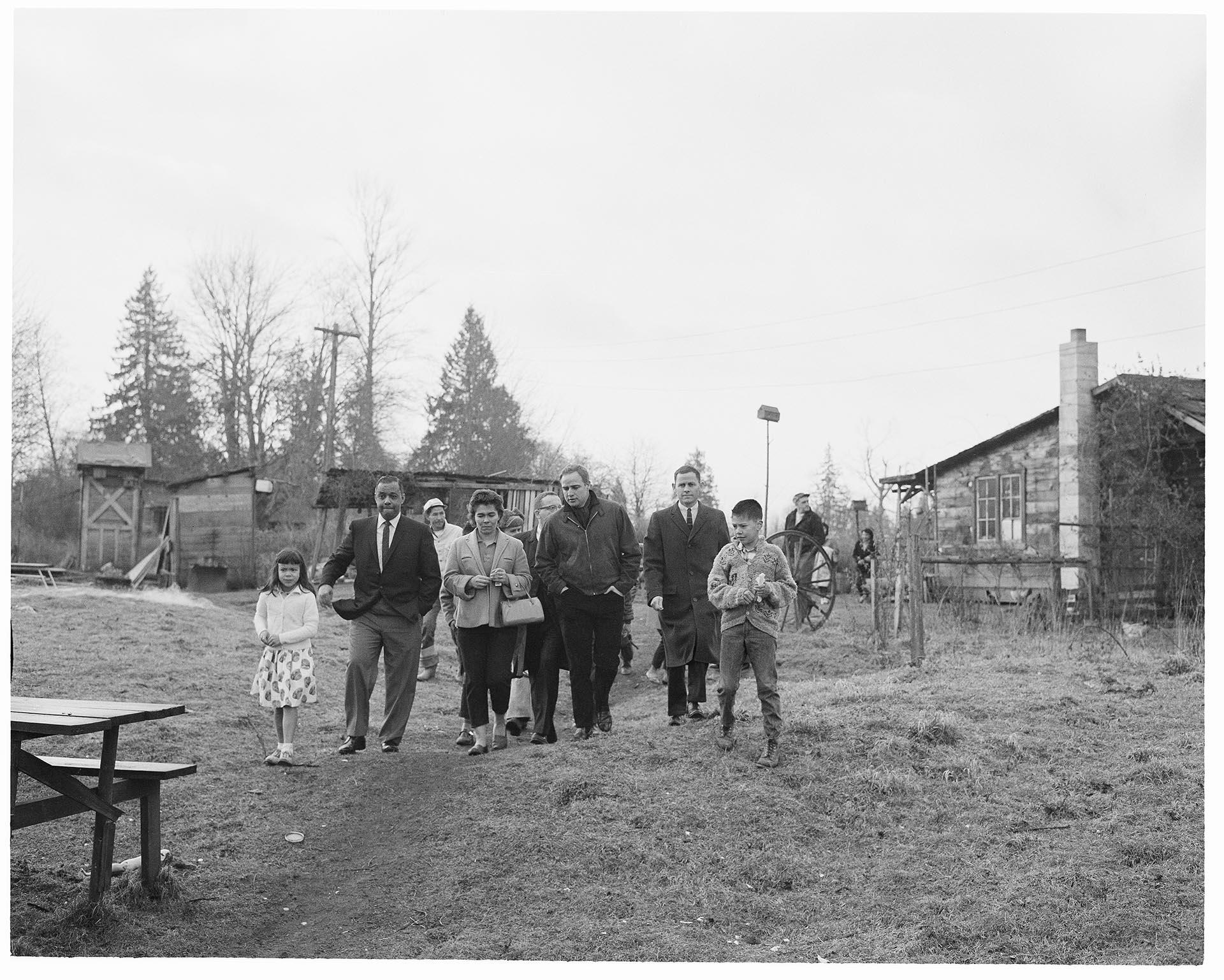 Image of Jack Tanner, Janet McCloud, and Marlon Brando on Puyallup Reservation, March 2, 1964