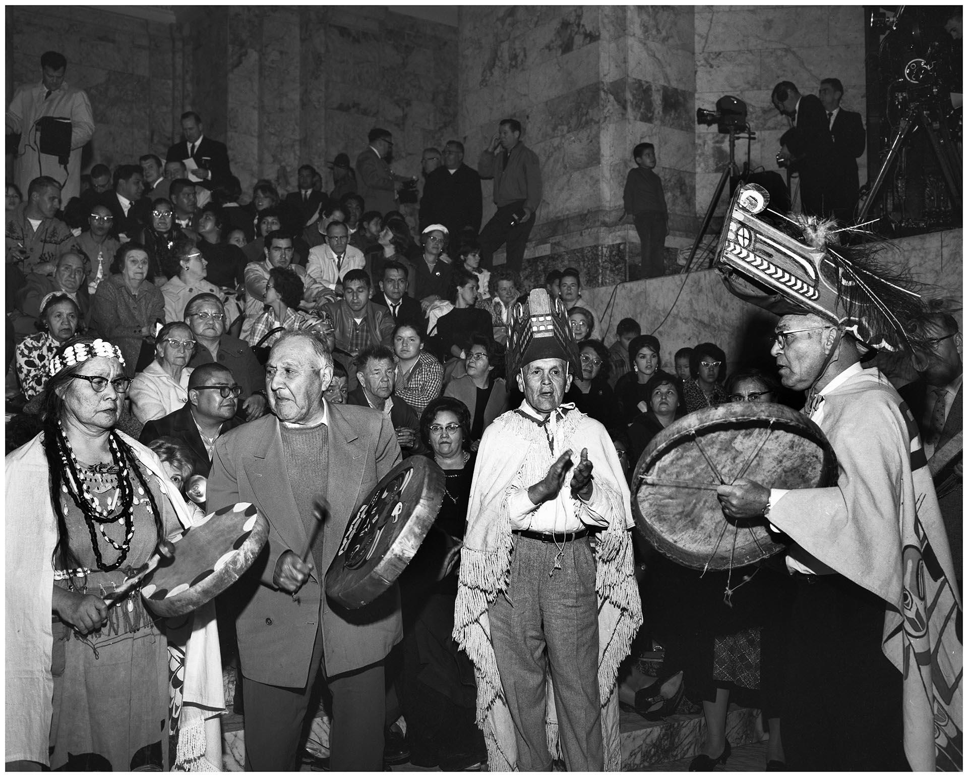Image of Makah tribal dancers at State Capitol building, Olympia, March 3, 1964