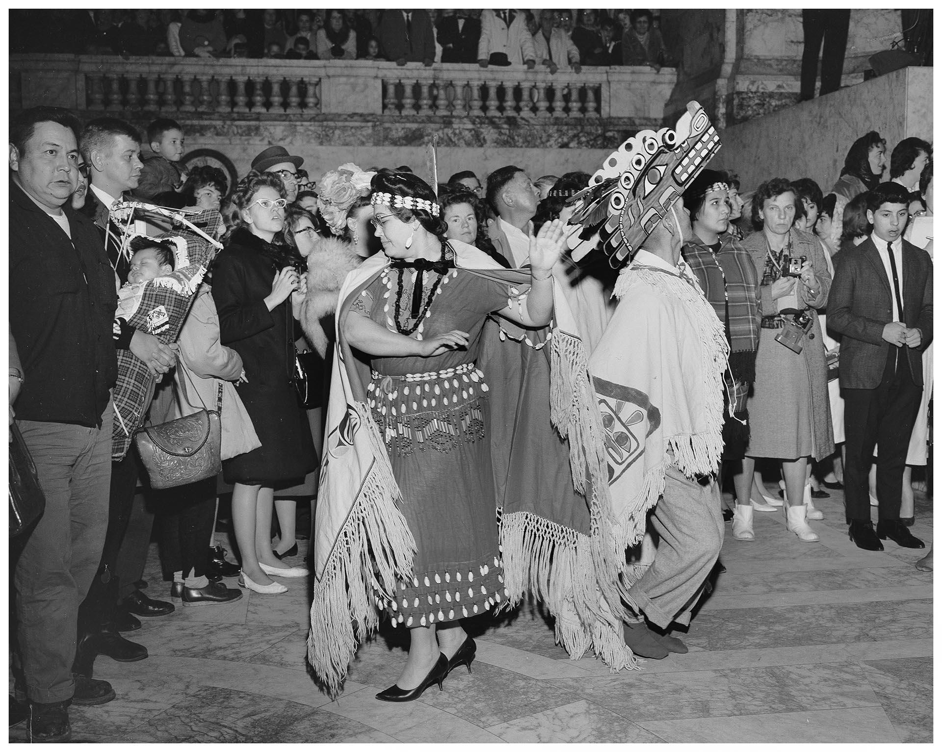 Image of Makah tribal dancers at State Capitol building, Olympia, March 3, 1964