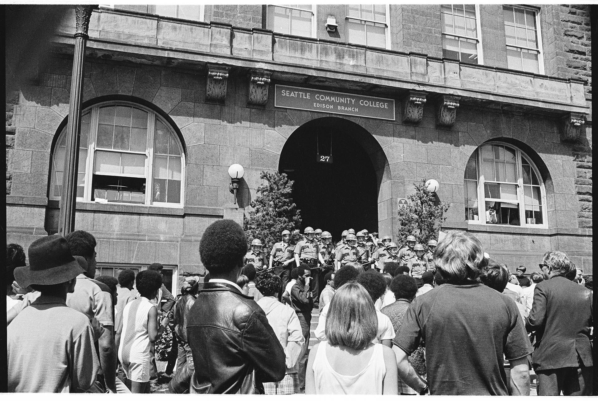 Image of Students protesting outside Seattle Community College, Seattle, May 22, 1969
