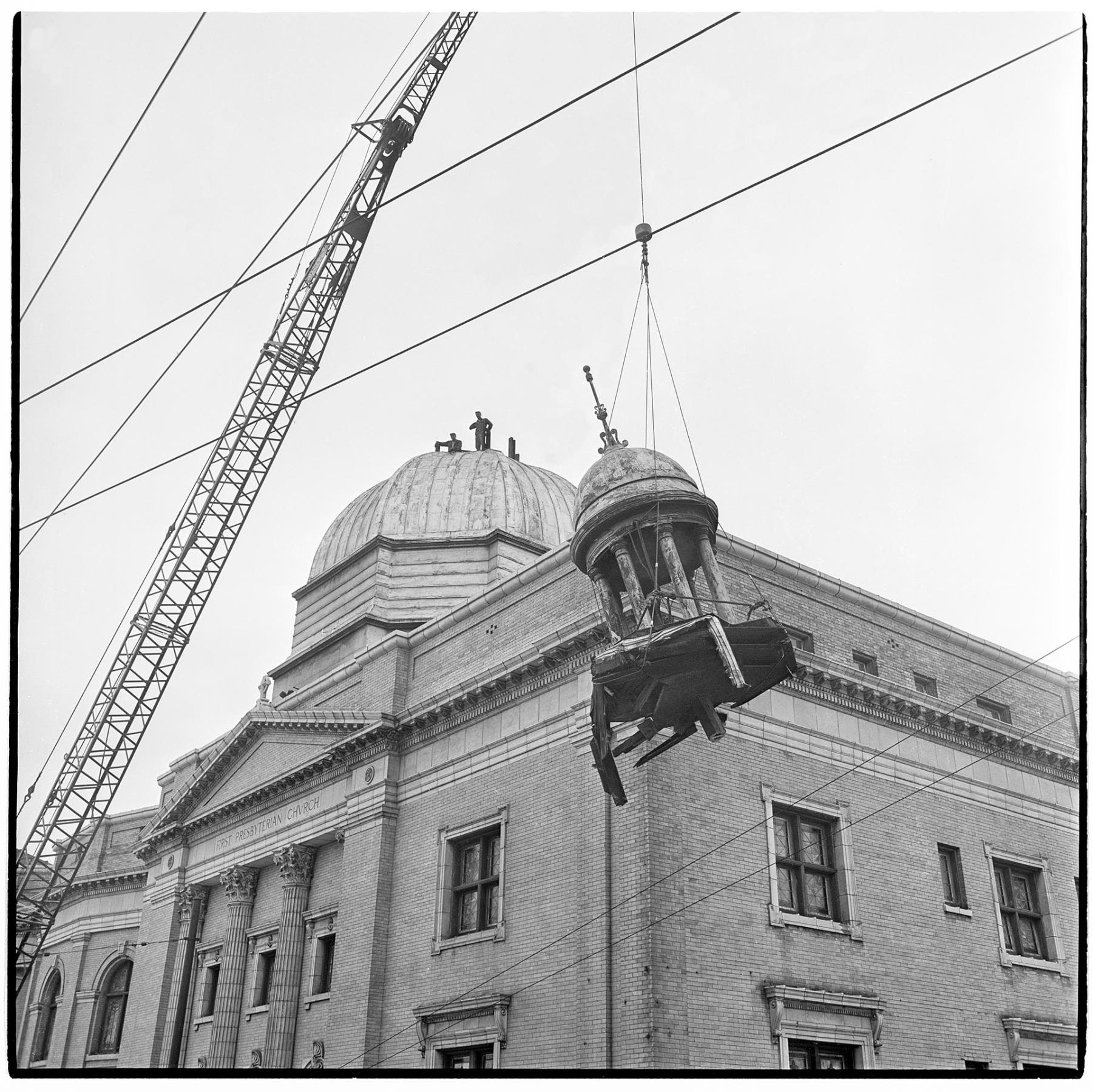 Image of Crane removing cupola of First Presbyterian Church, July 13, 1962
